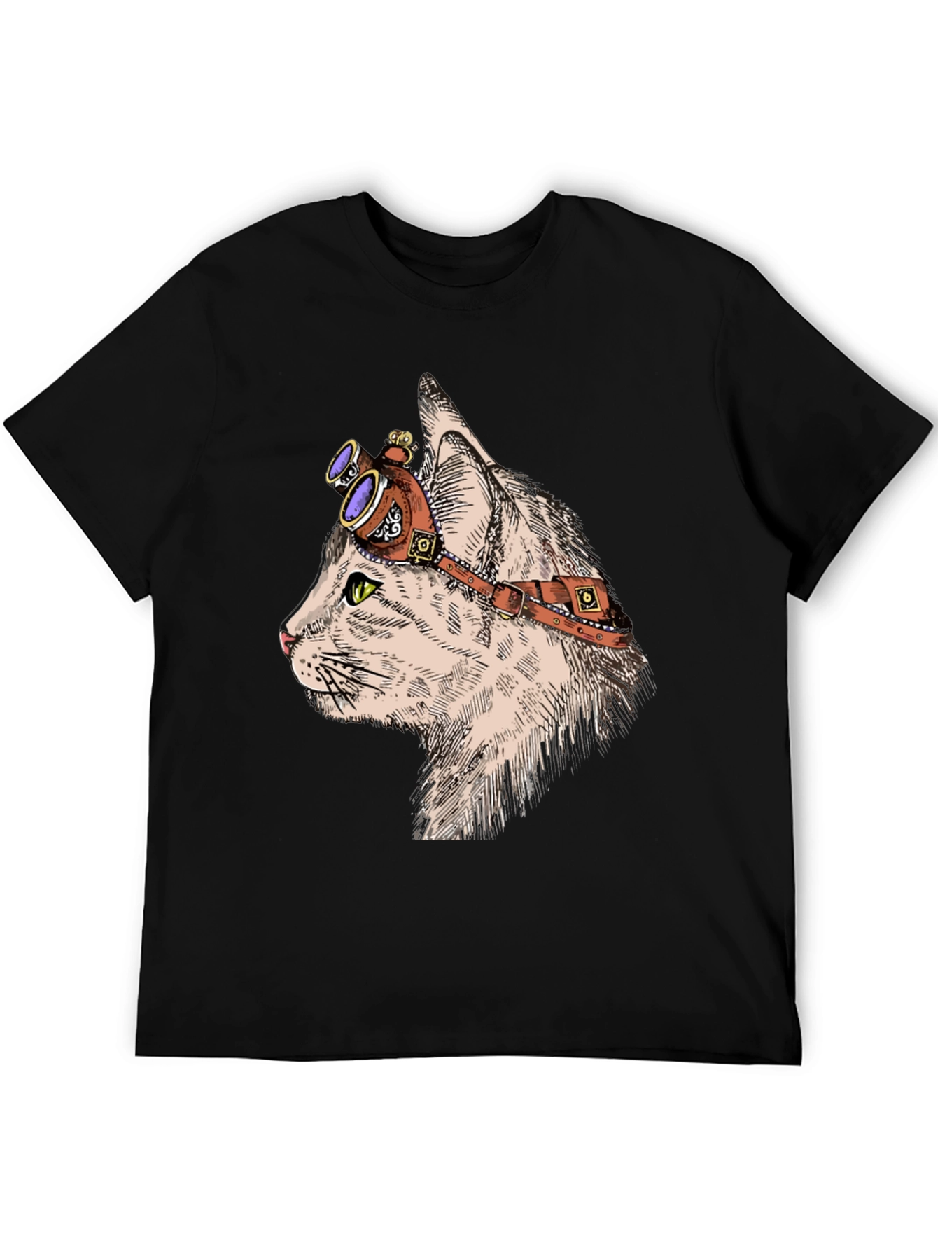 Black Steampunk Cat T-Shirt: Cool Feline with Goggles view 5