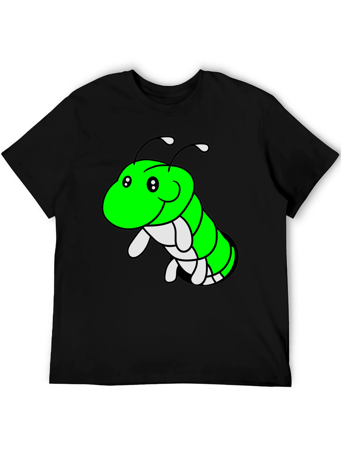Black Cartoon Caterpillar Graphic Tee - Black Cotton T-Shirt view 5