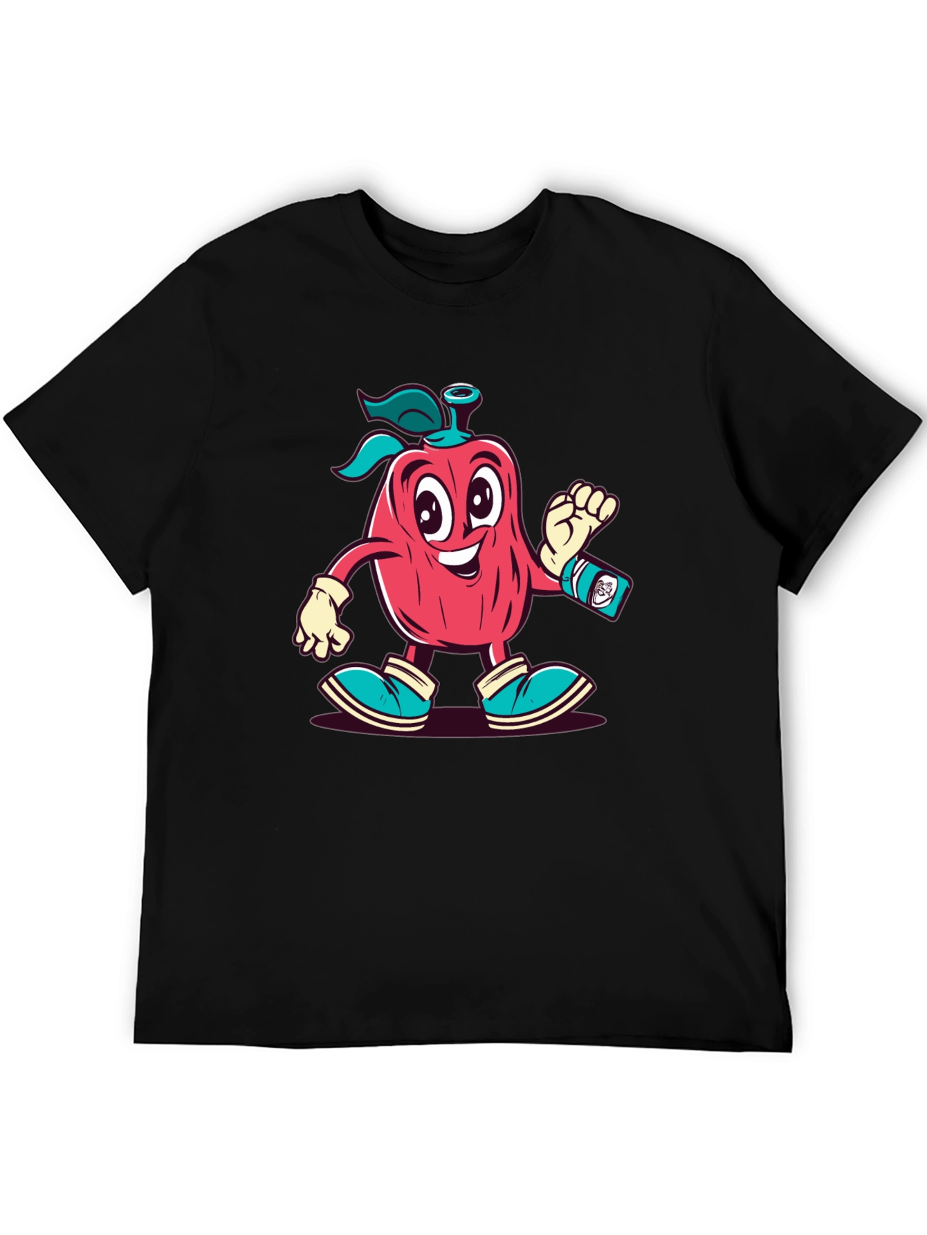 Black Cartoon Apple Character Black T-Shirt view 5
