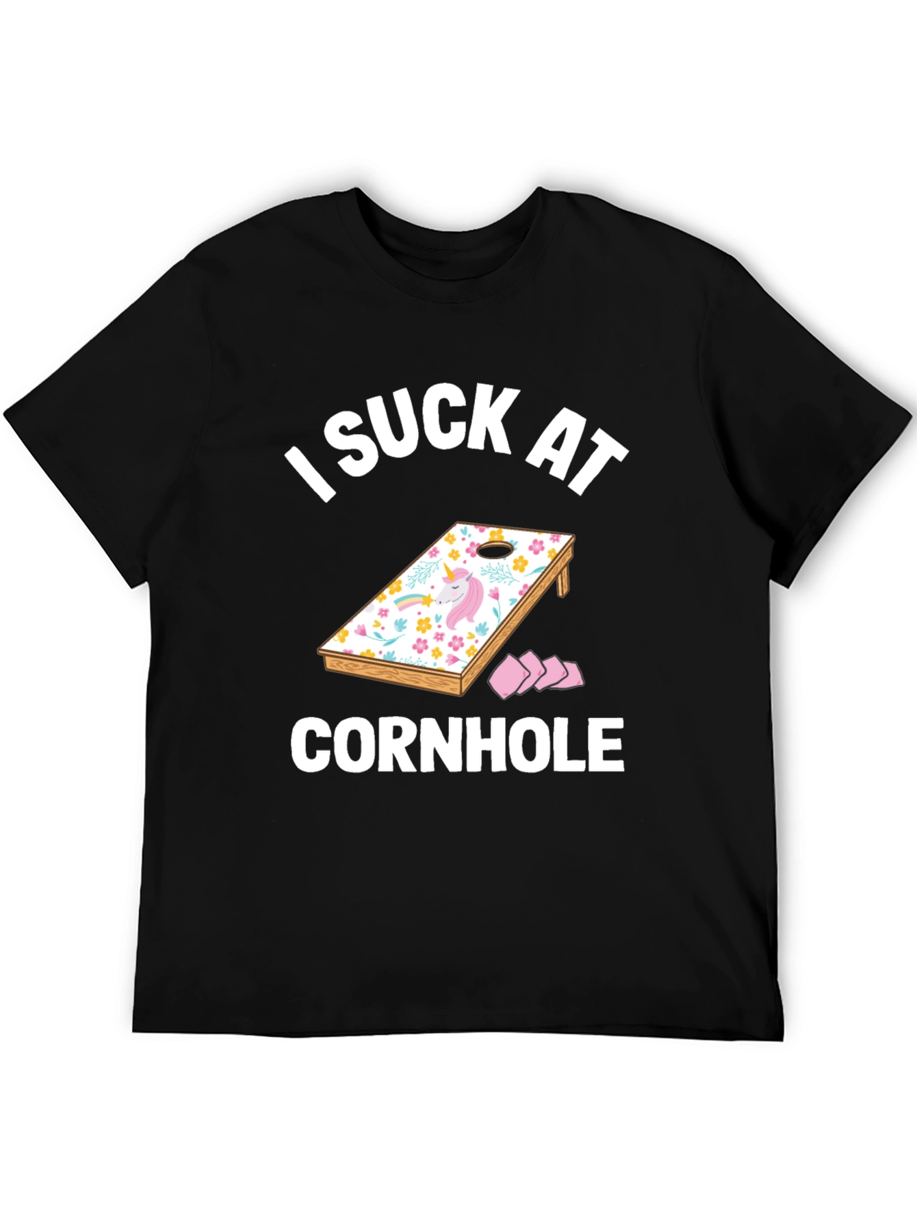 Black I Suck at Cornhole T-Shirt - Unicorn Design view 5