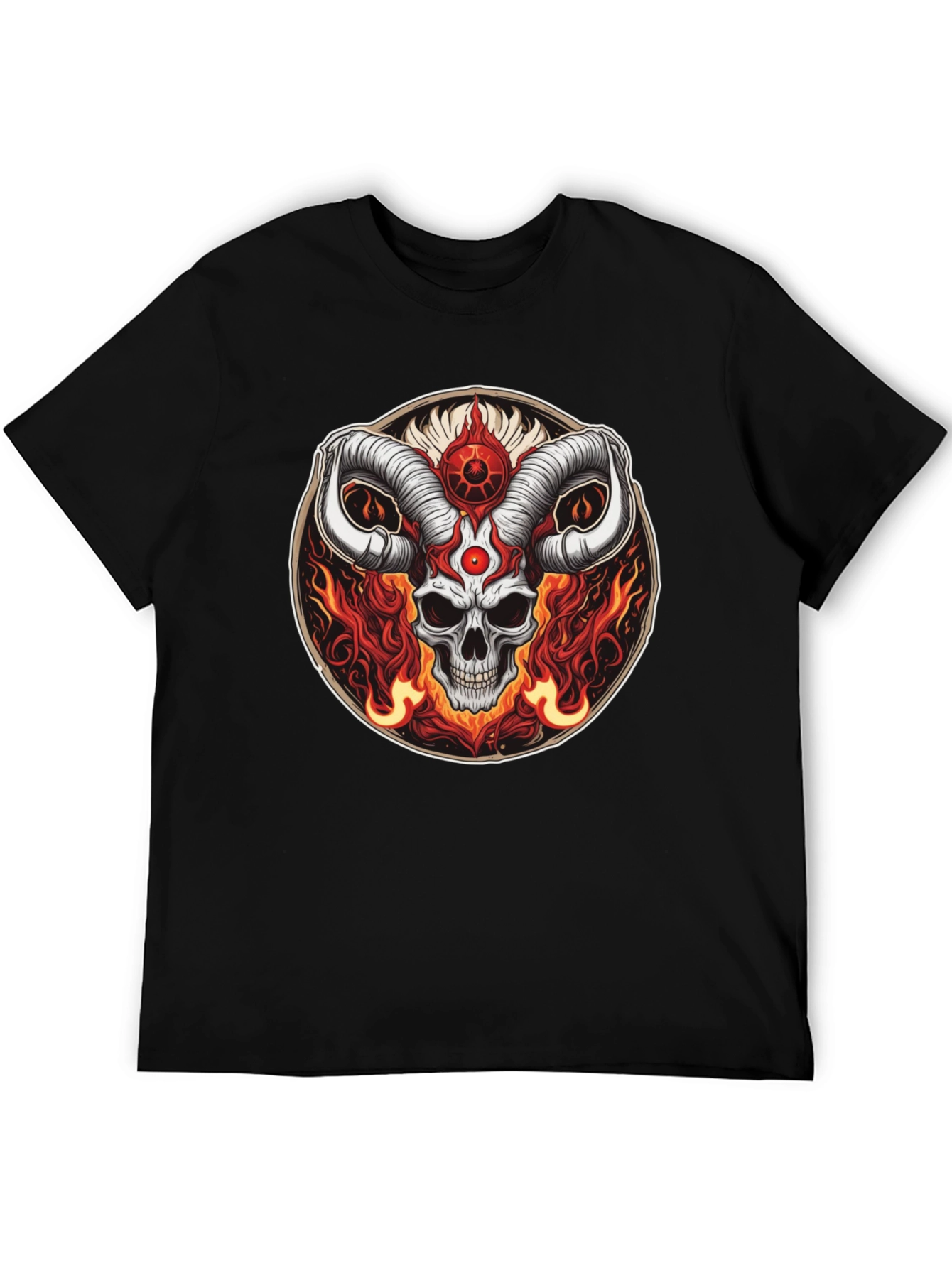 Black Skull Horns Fire Graphic Tee - Black Cotton Shirt view 5