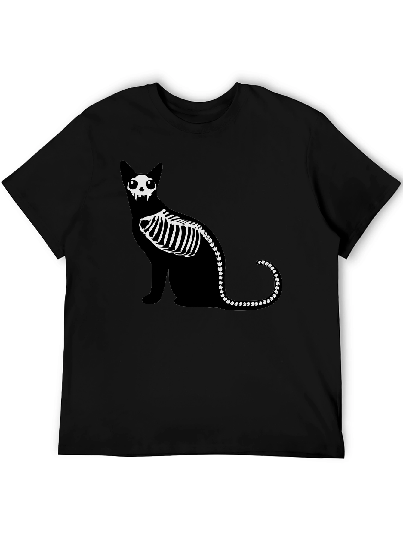 Black Skeleton Cat Graphic Tee - Black Cotton Shirt view 5