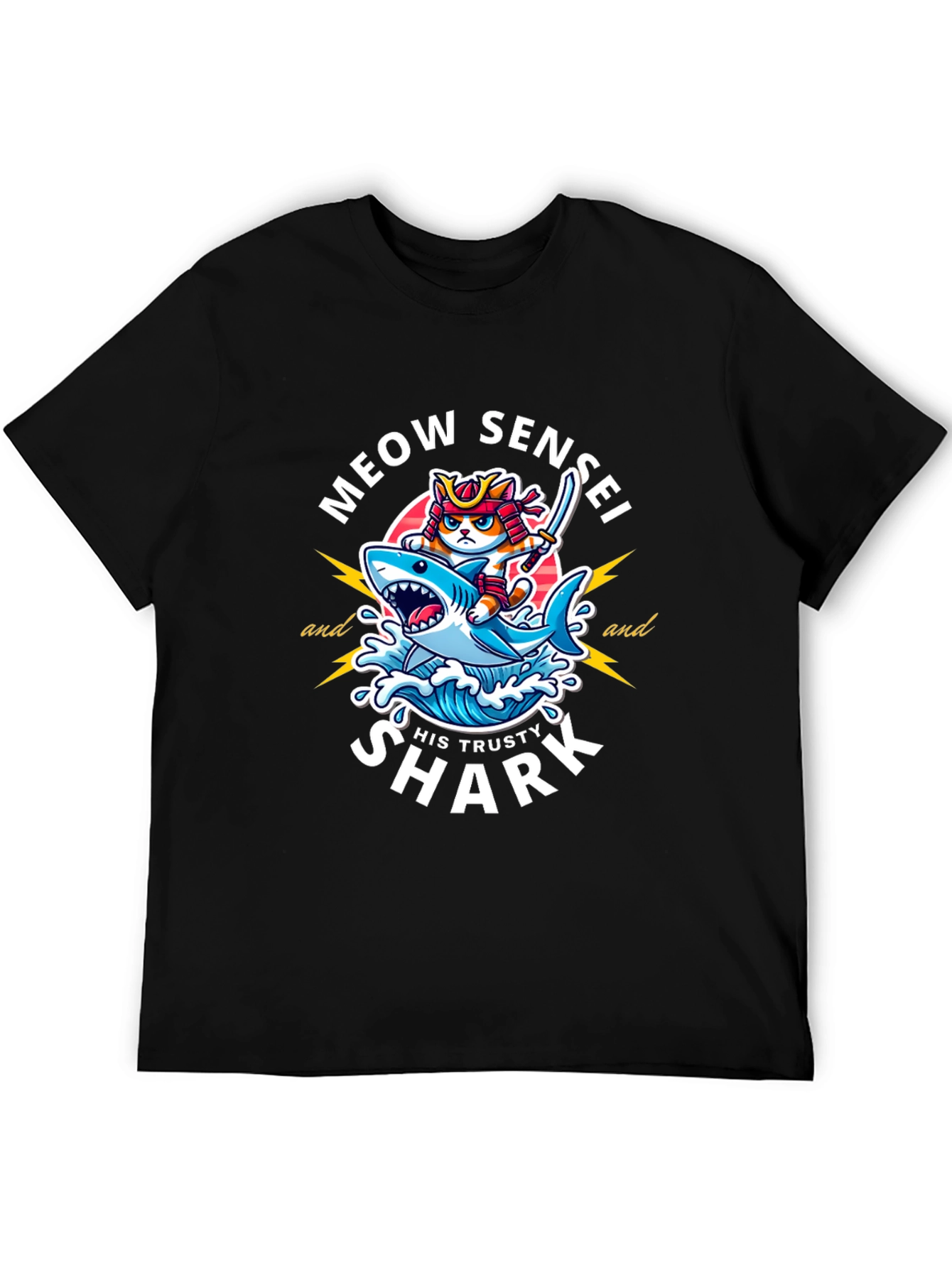 Black Meow Sensei & Shark T-Shirt - Fun Graphic Tee view 5