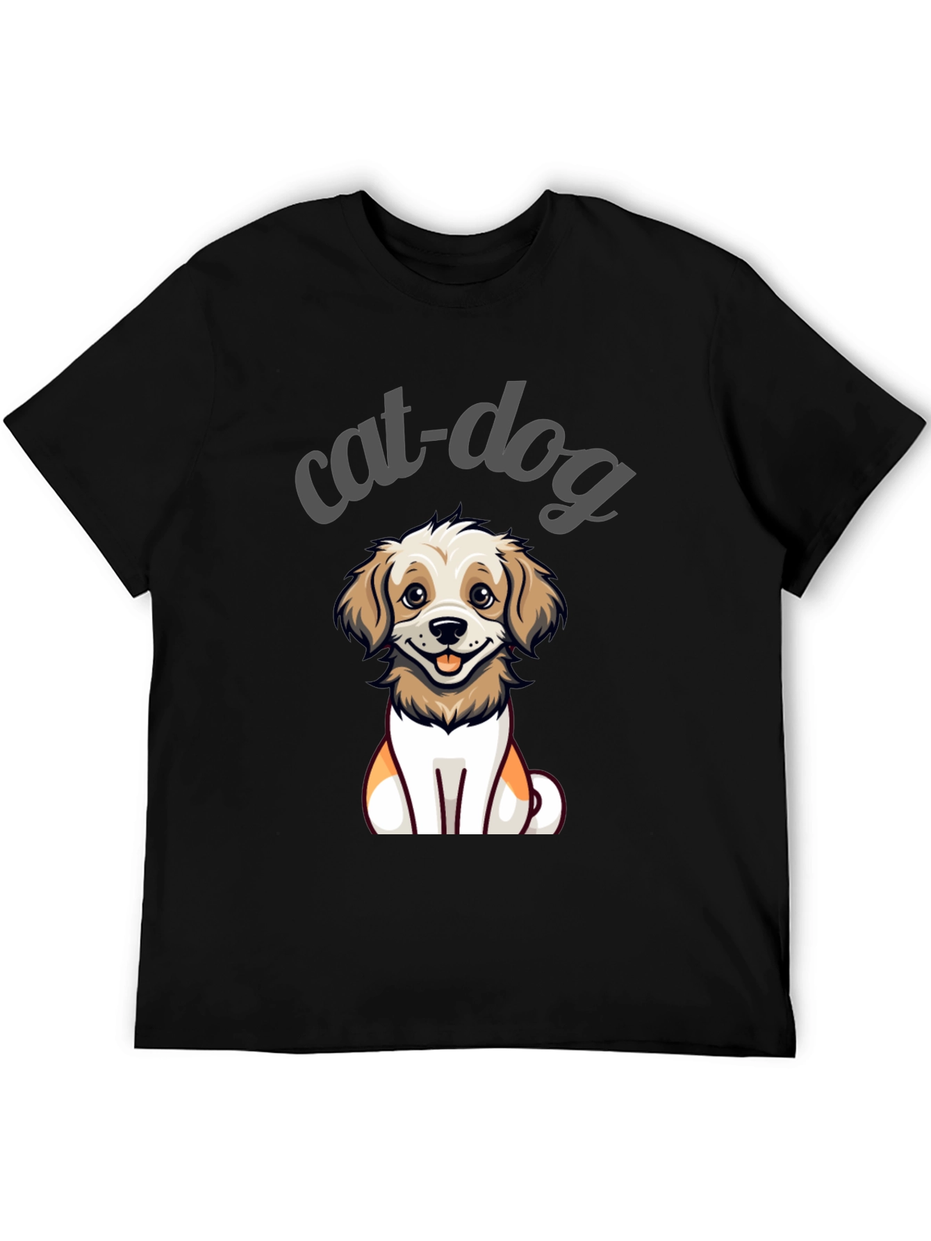 Black Cute Cat-Dog Cartoon Graphic Tee - Unisex Black T-Shirt view 5