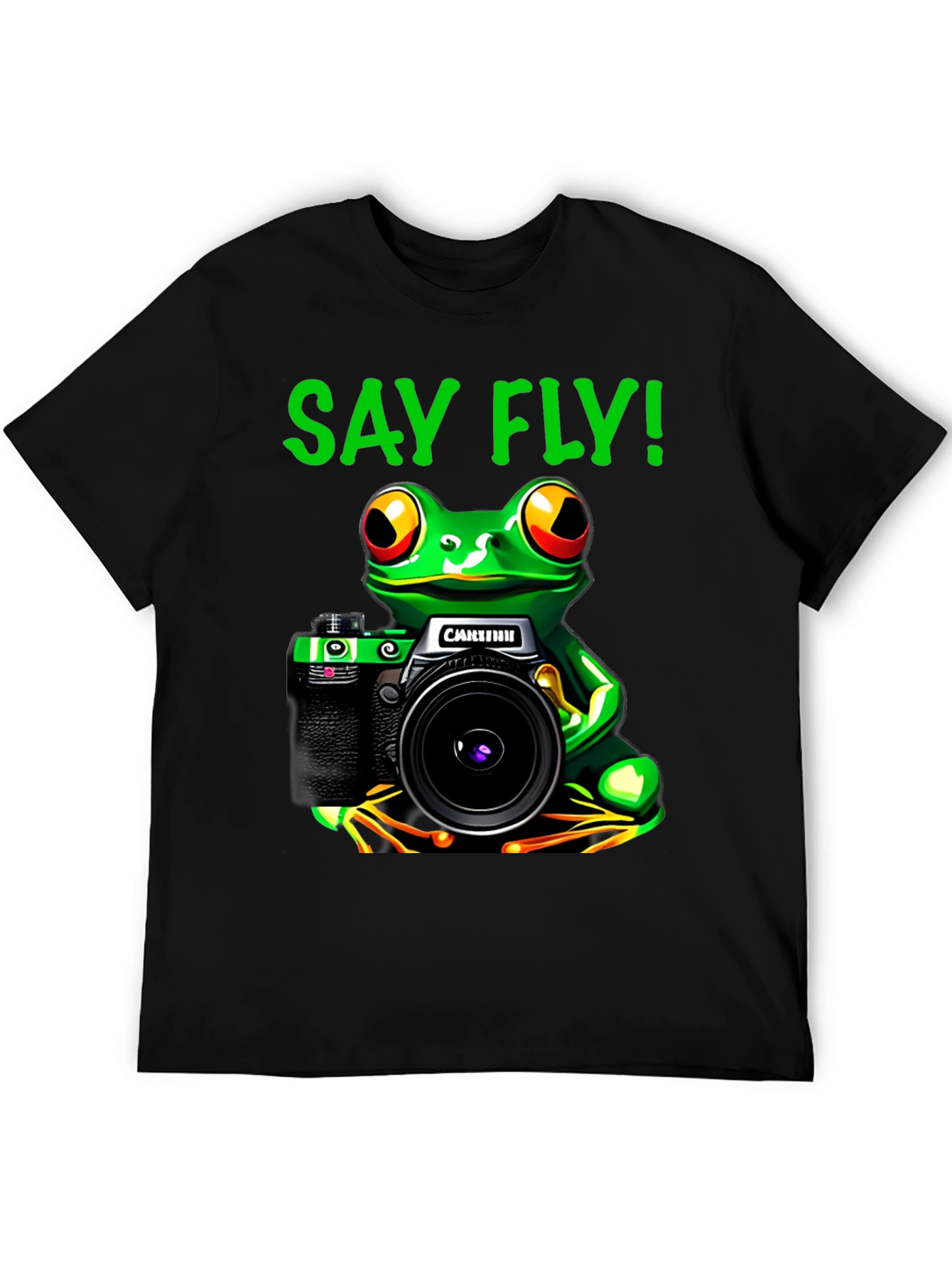 Black Frog Photographer T-Shirt - Say Fly! Black Cotton Tee view 5