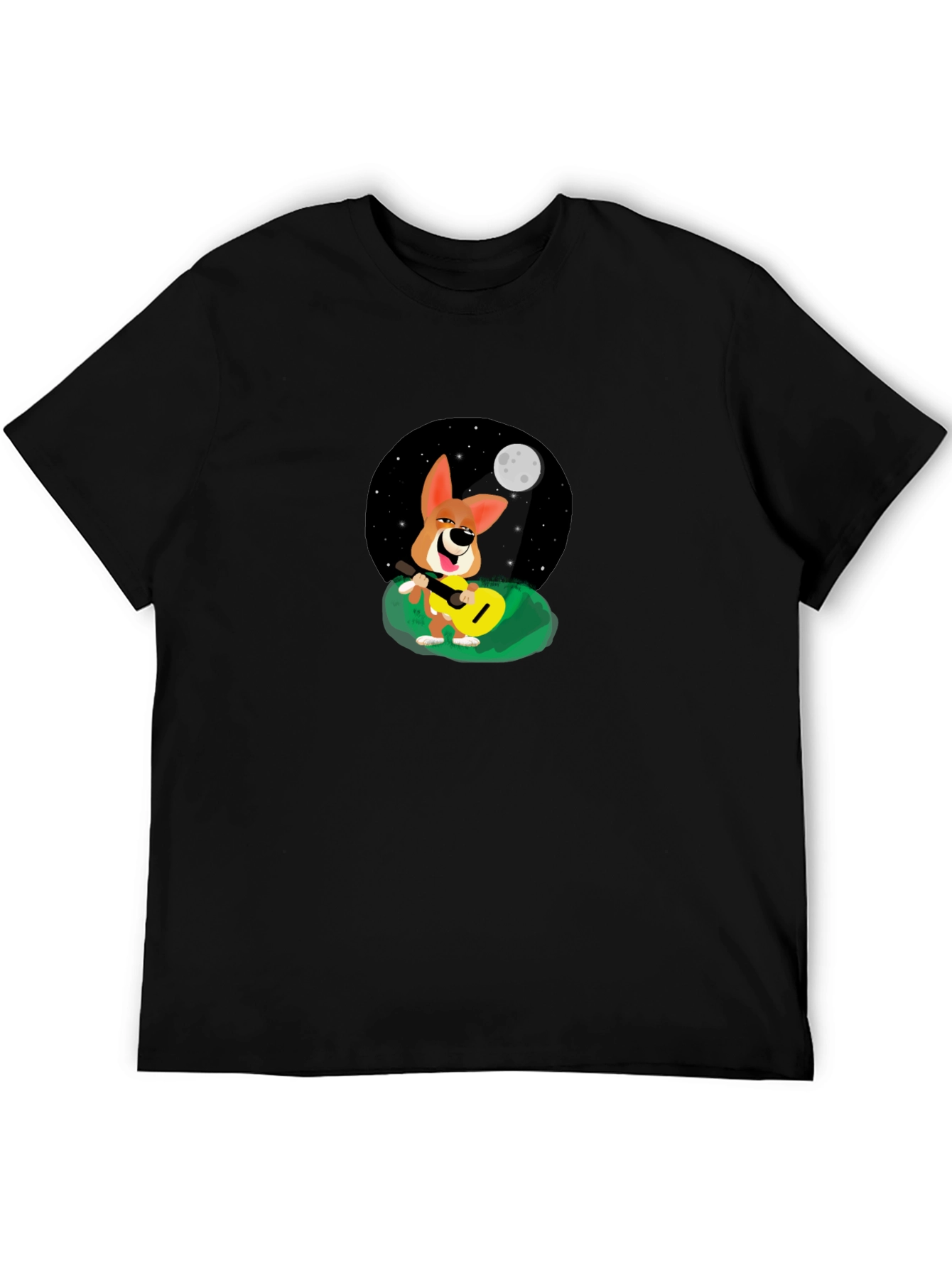 Black Dog Playing Guitar Under Moonlight T-Shirt view 5
