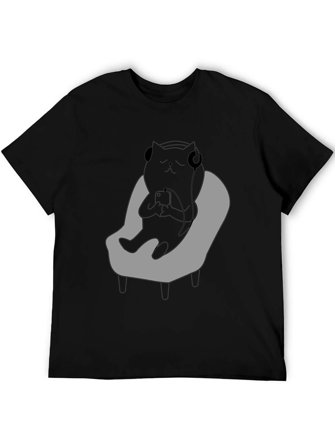 Black Chill Cat T-Shirt - Relaxed Black Cat with Headphones view 5