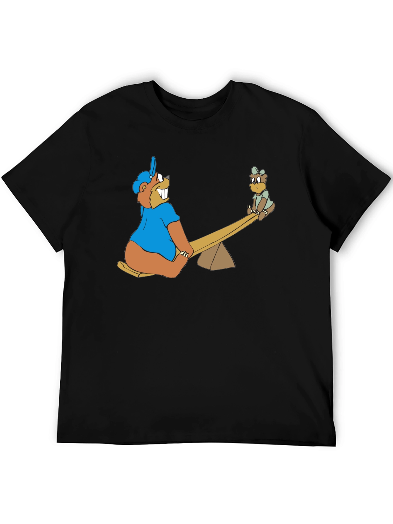 Black Cartoon Beaver See-Saw Black T-Shirt view 5