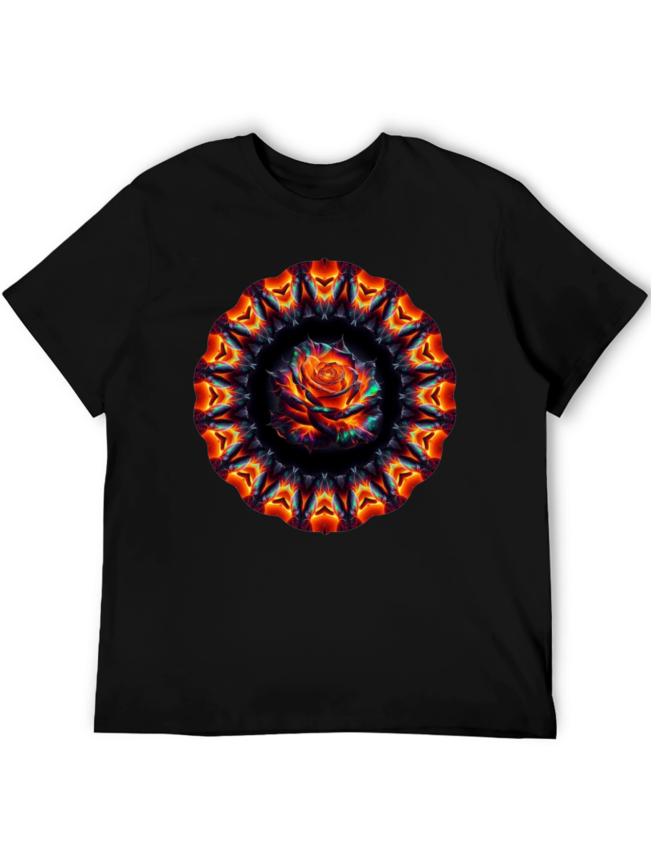 Black Fiery Rose Mandala Black T-Shirt view 5