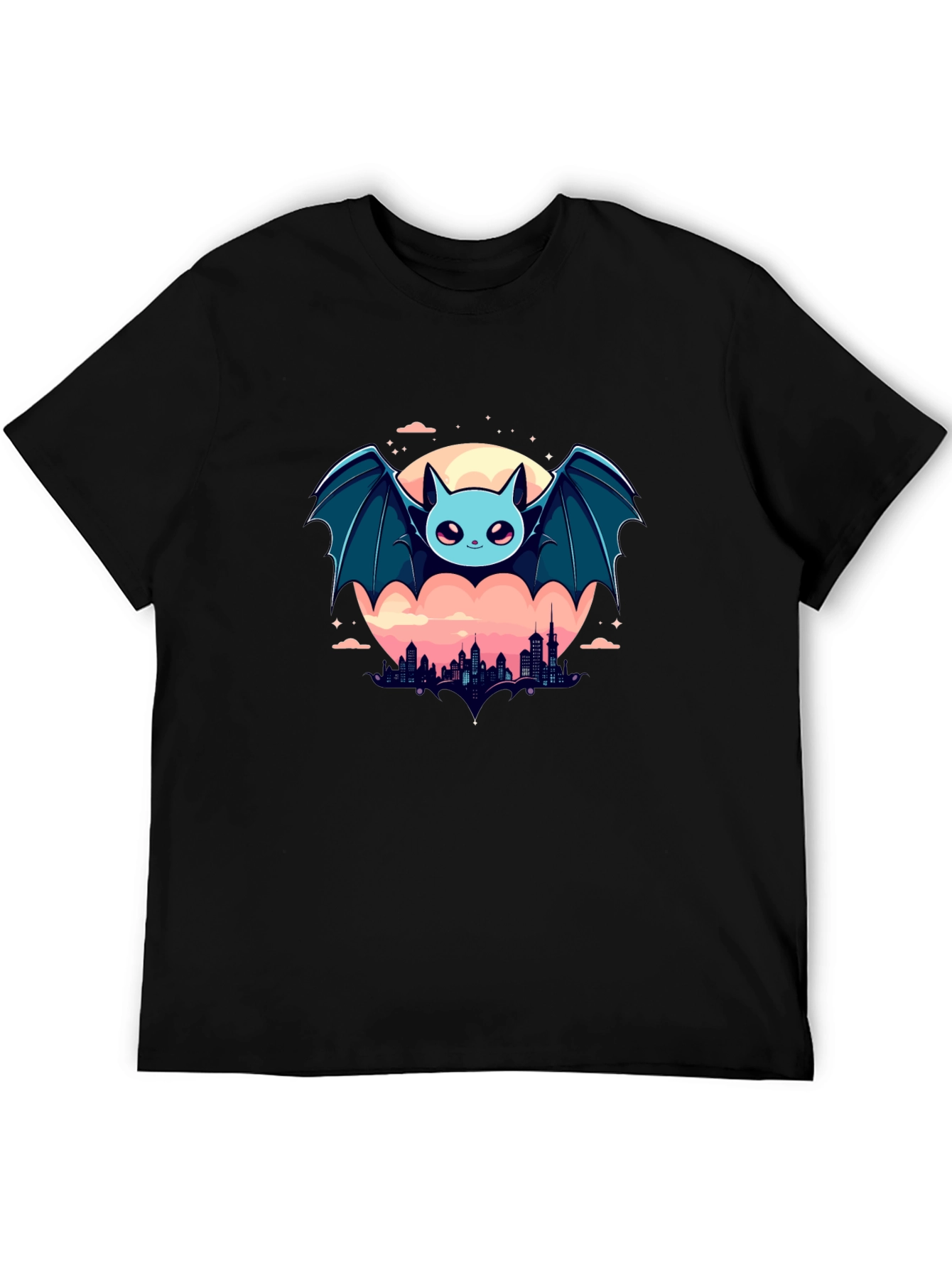 Black Cute Bat Over City Graphic Tee view 5