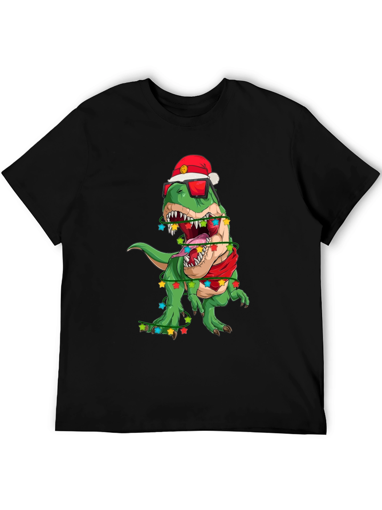 Black Festive Dinosaur T-Shirt: Holiday T-Rex in Santa Hat view 5