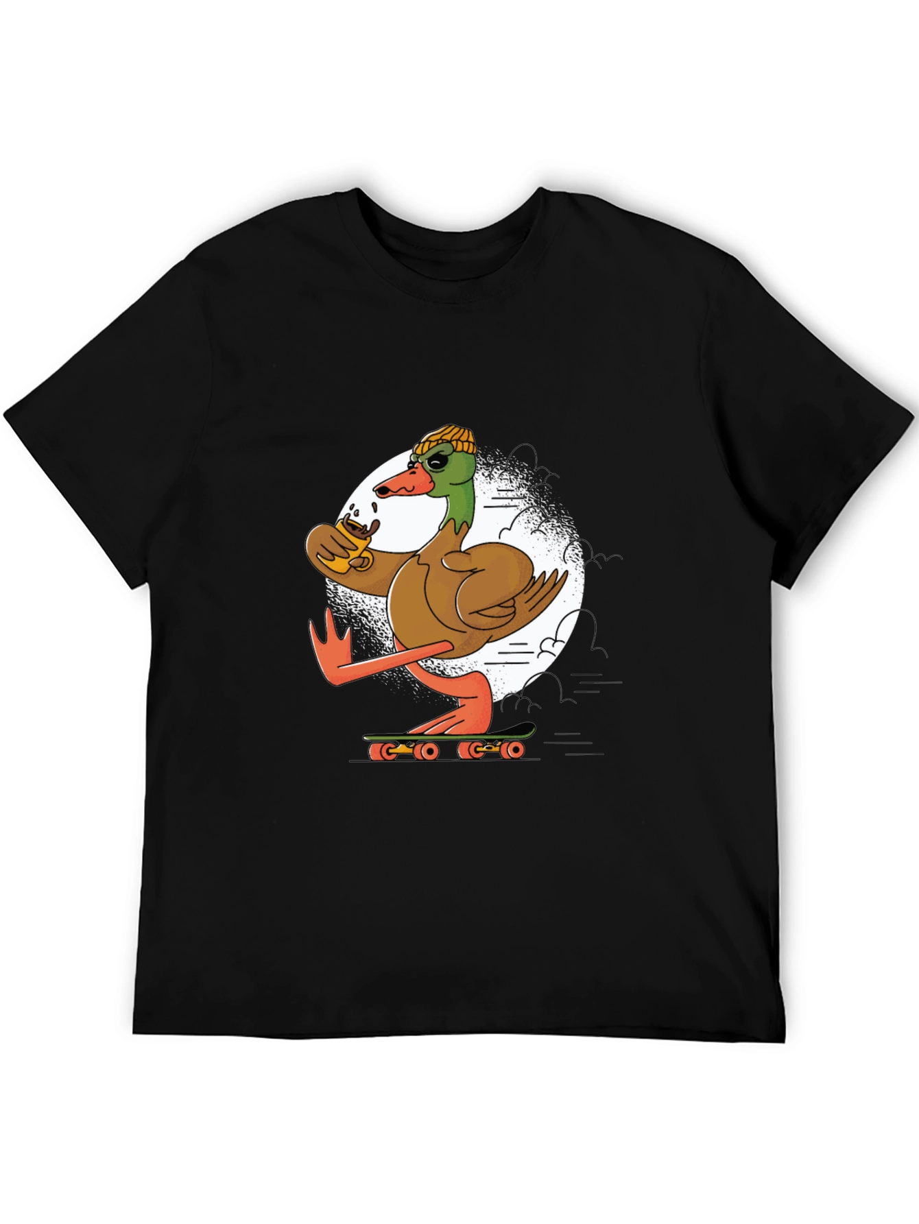 Black Skateboarding Duck T-Shirt: Cool Coffee Drinking Bird view 5