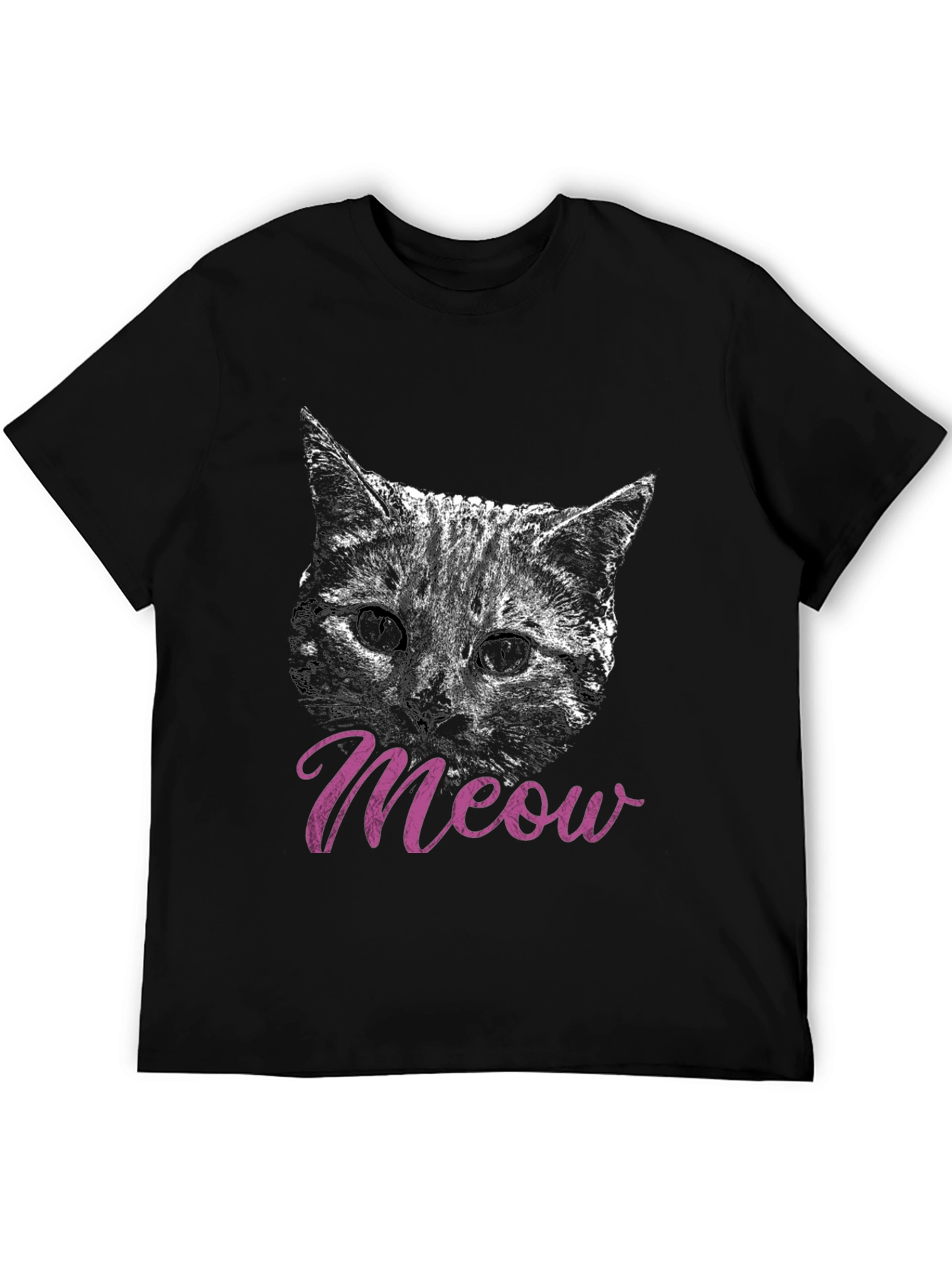 Black Cat Meow T-Shirt, Black, Crew Neck, Casual view 5