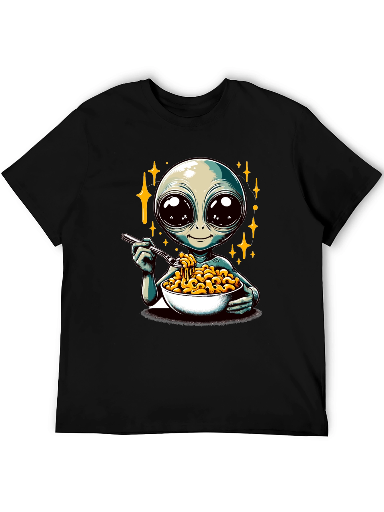 Black Alien Eating Mac & Cheese Graphic T-Shirt view 5