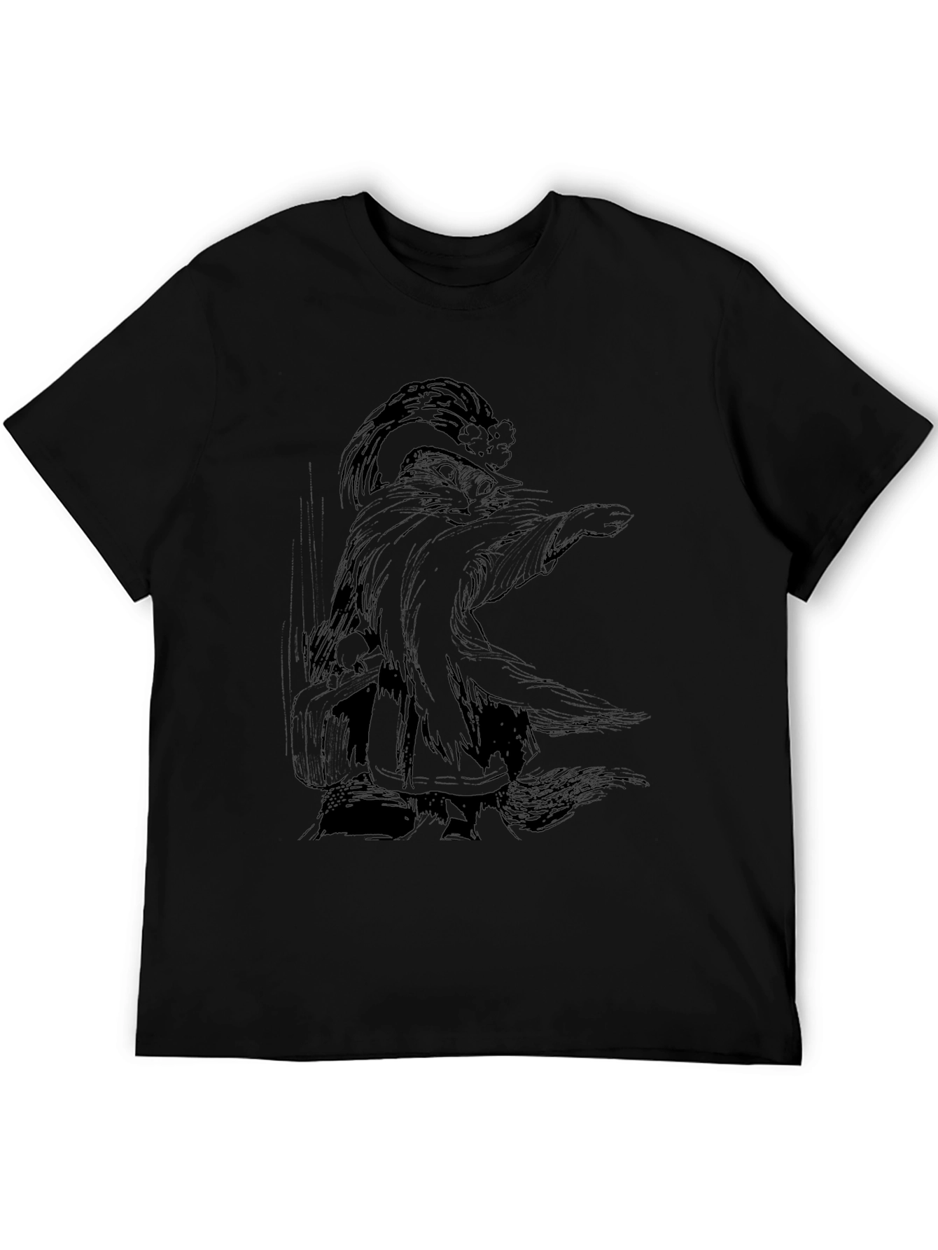 Whimsical Wizard Cat Graphic Tee - Black Cotton T-Shirt - 5
