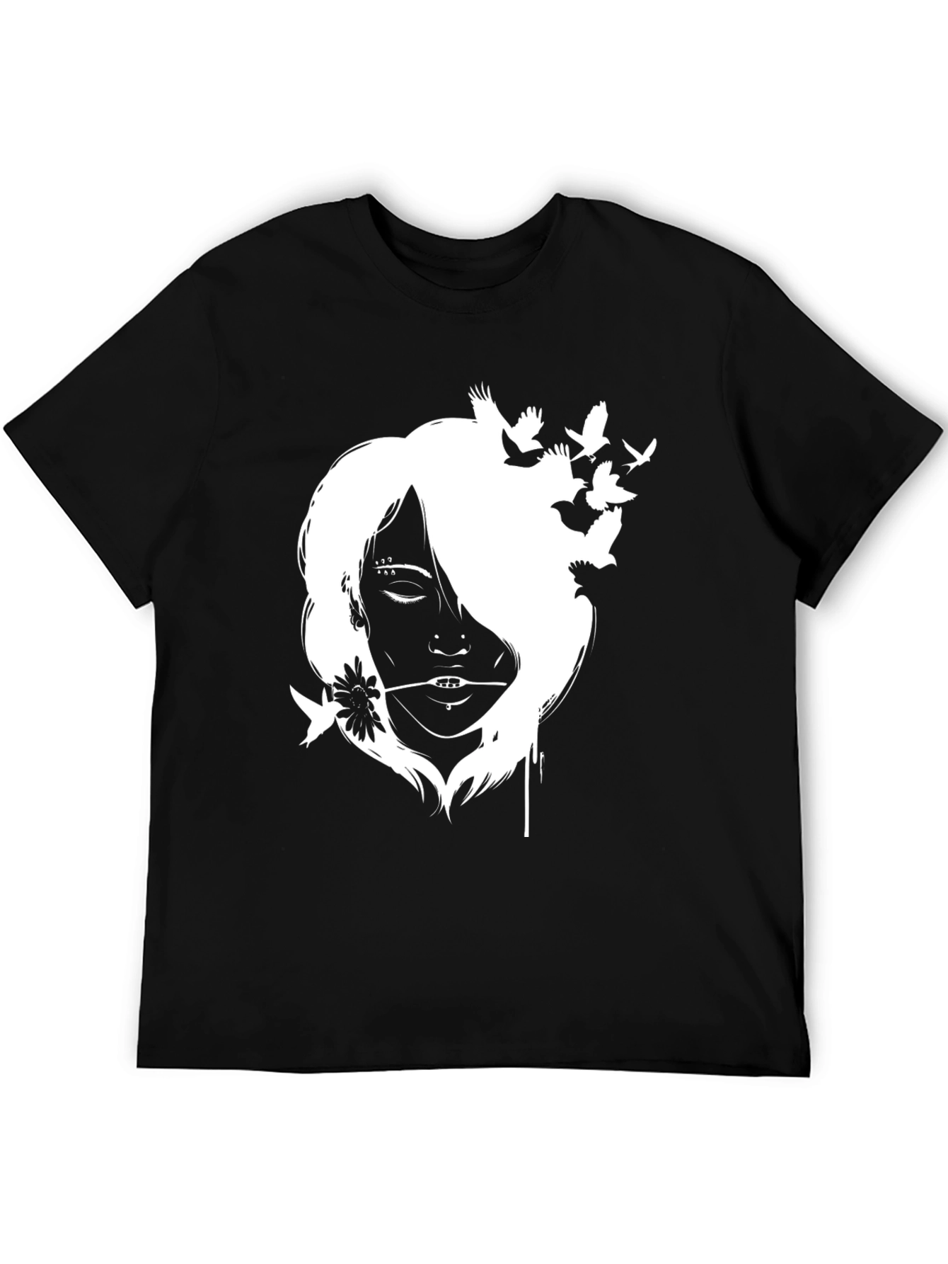 Black Black T-Shirt with White Girl and Bird Design view 5