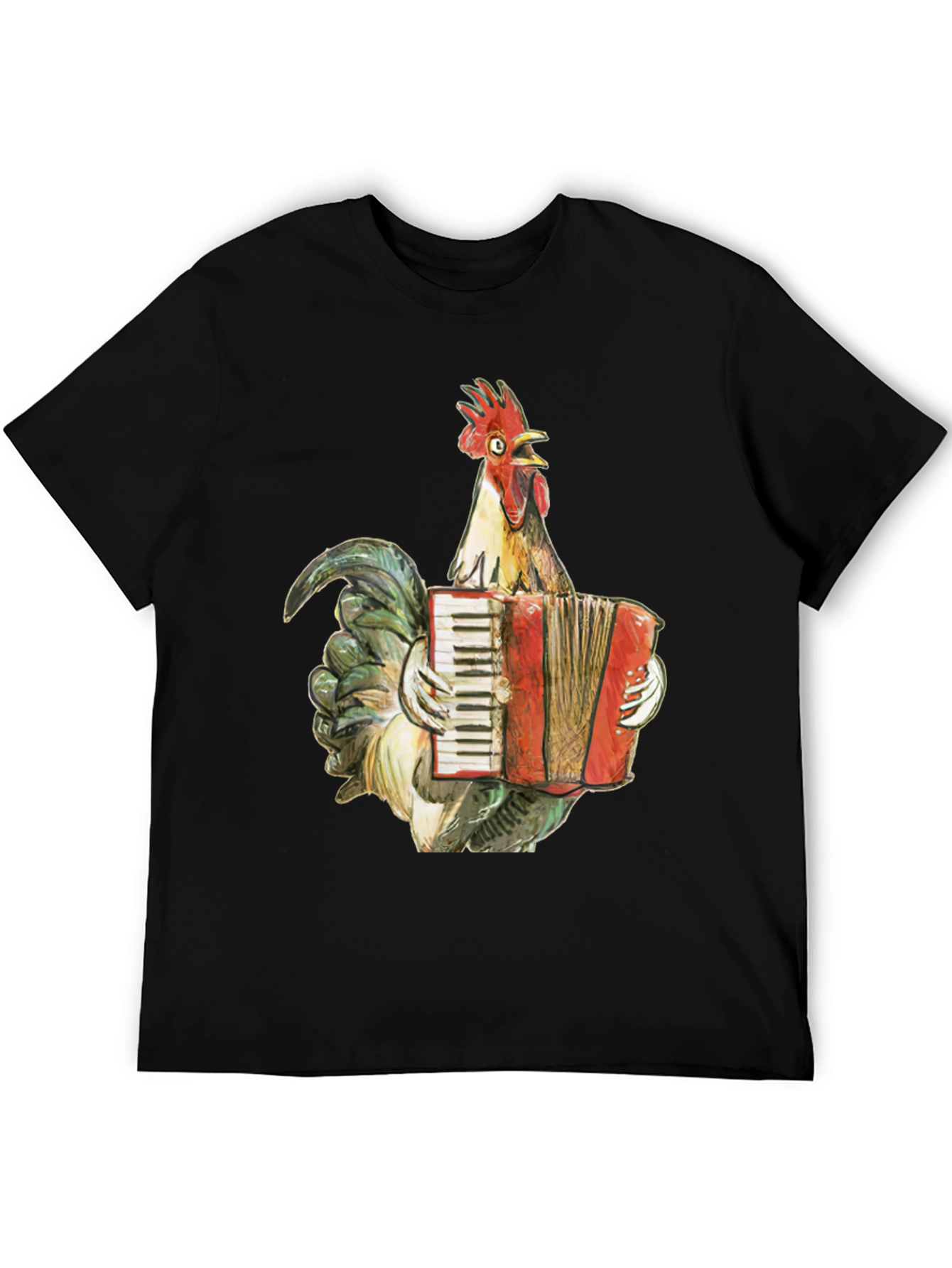 Black Funny Rooster Accordion T-Shirt - Novelty Tee view 5