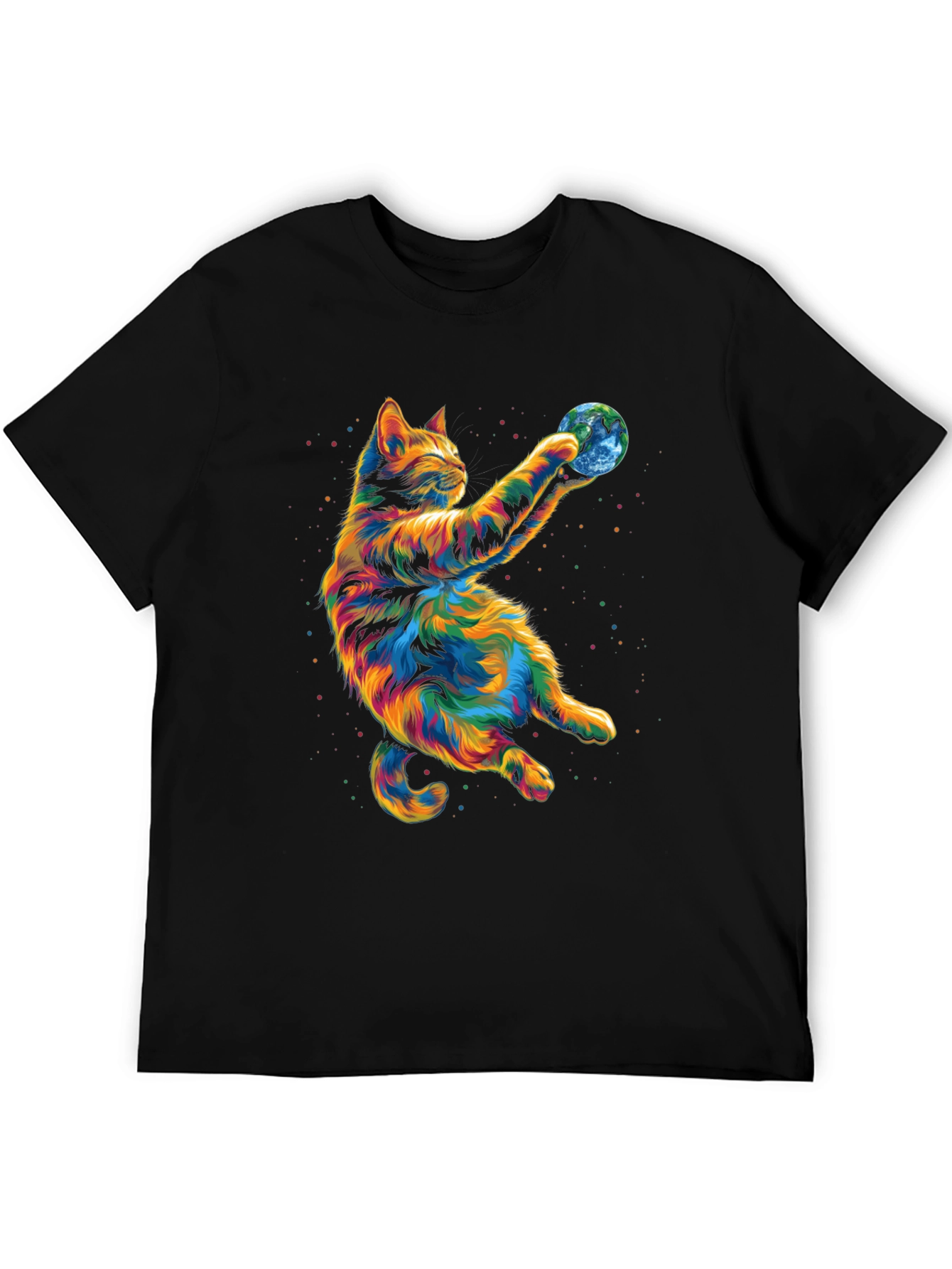 Black Colorful Cat Earth Graphic Tee view 5