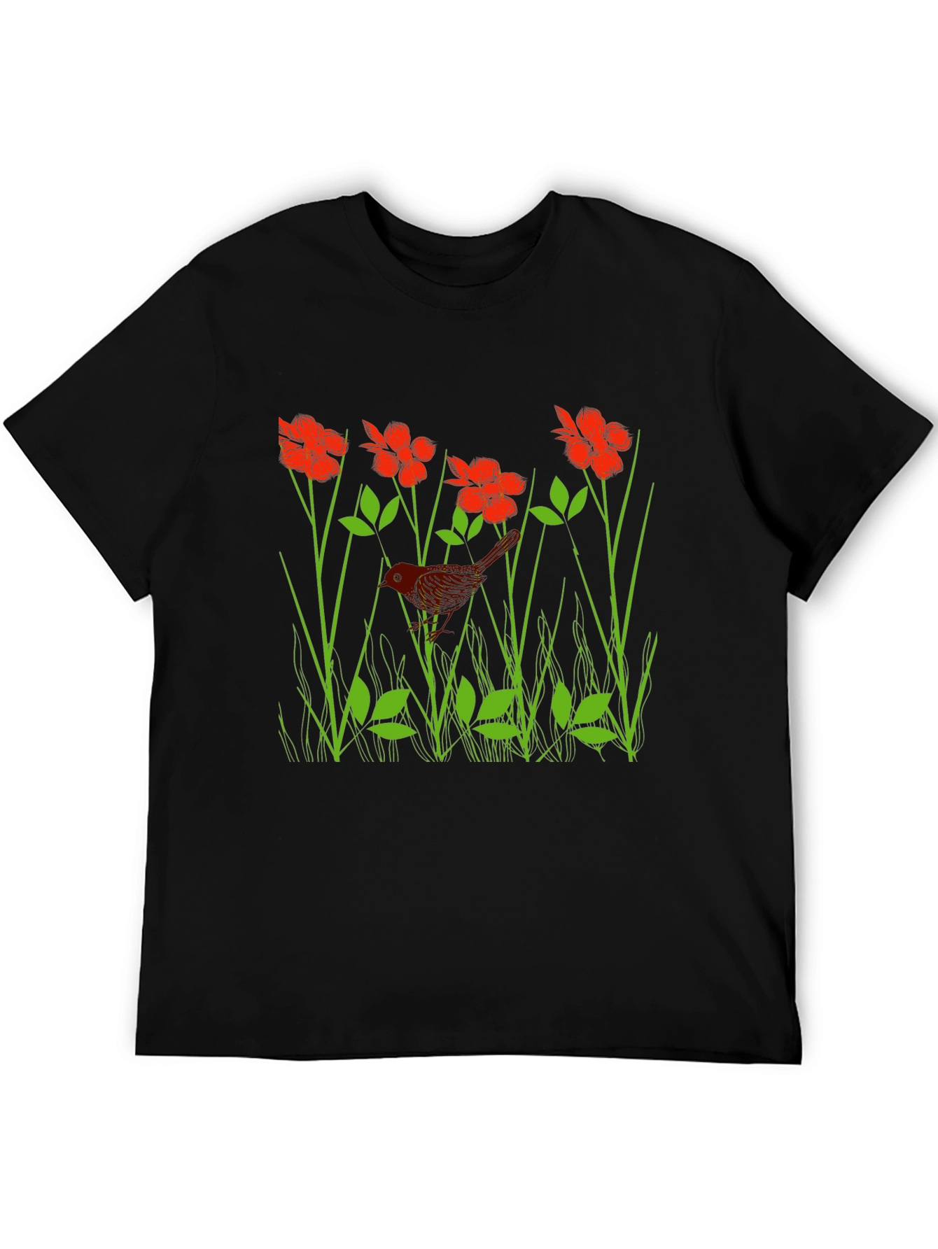 Black Bird in Flower Meadow Graphic Black T-Shirt view 5