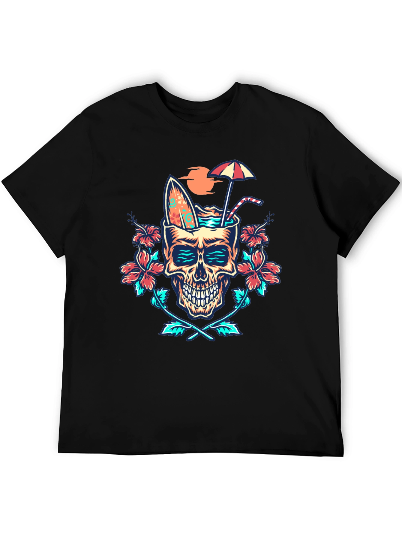 Black Tropical Skull Graphic T-Shirt - Beach Vibes! view 5