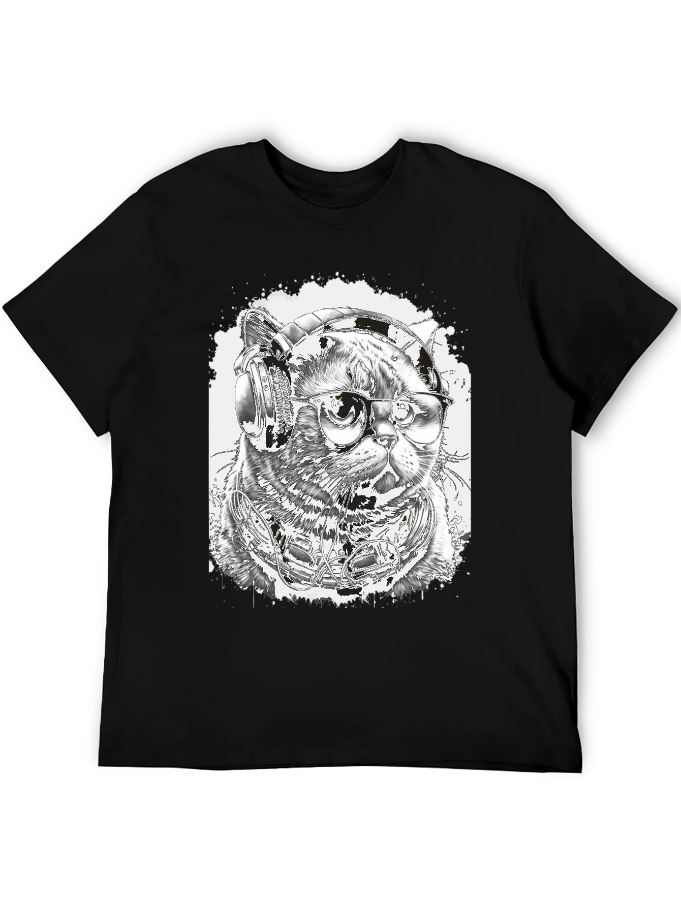 Black Cool Cat T-Shirt - Headphones & Glasses view 5
