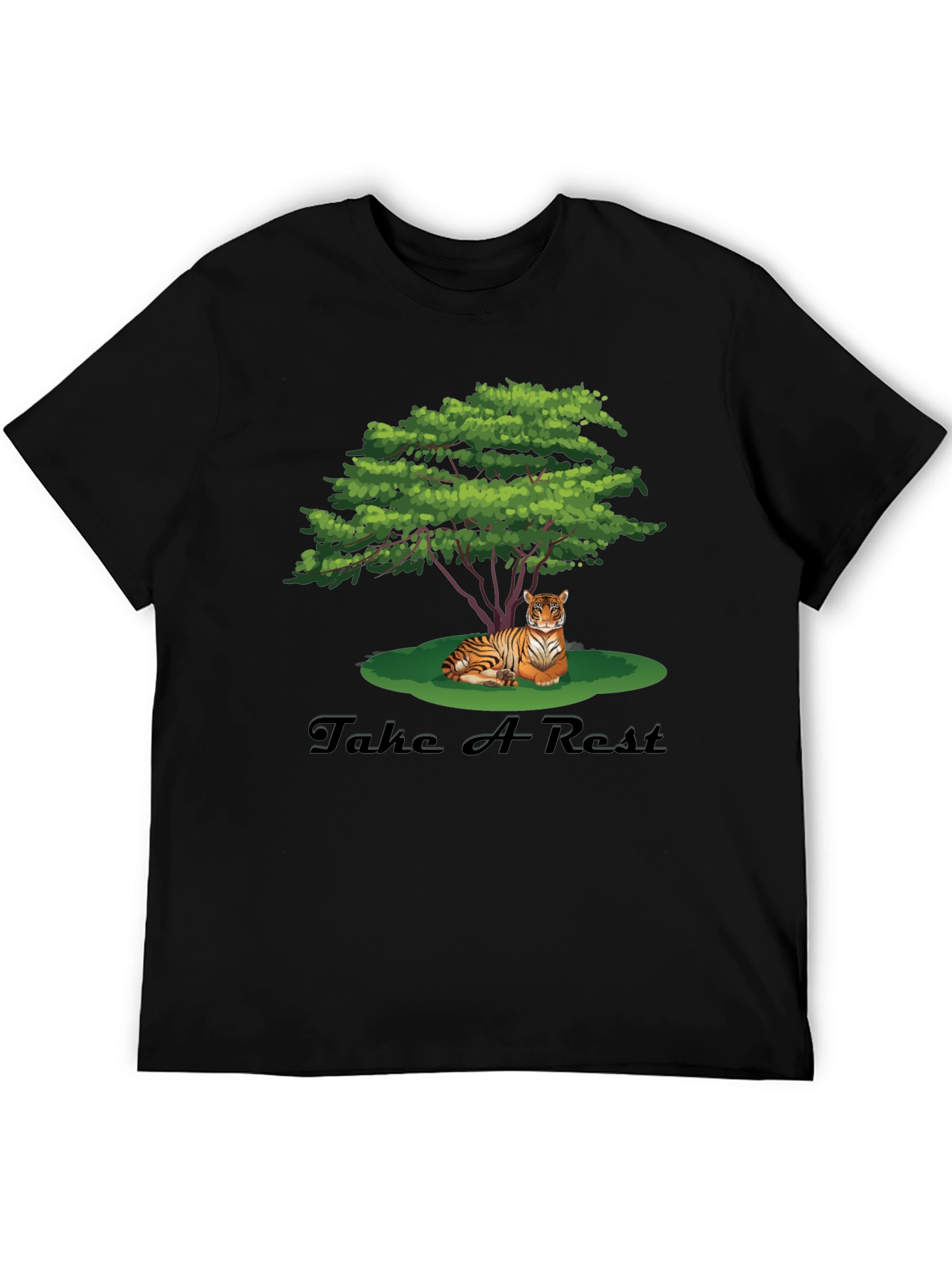 Black Men's Black Tiger Resting Under Tree Graphic Tee view 5