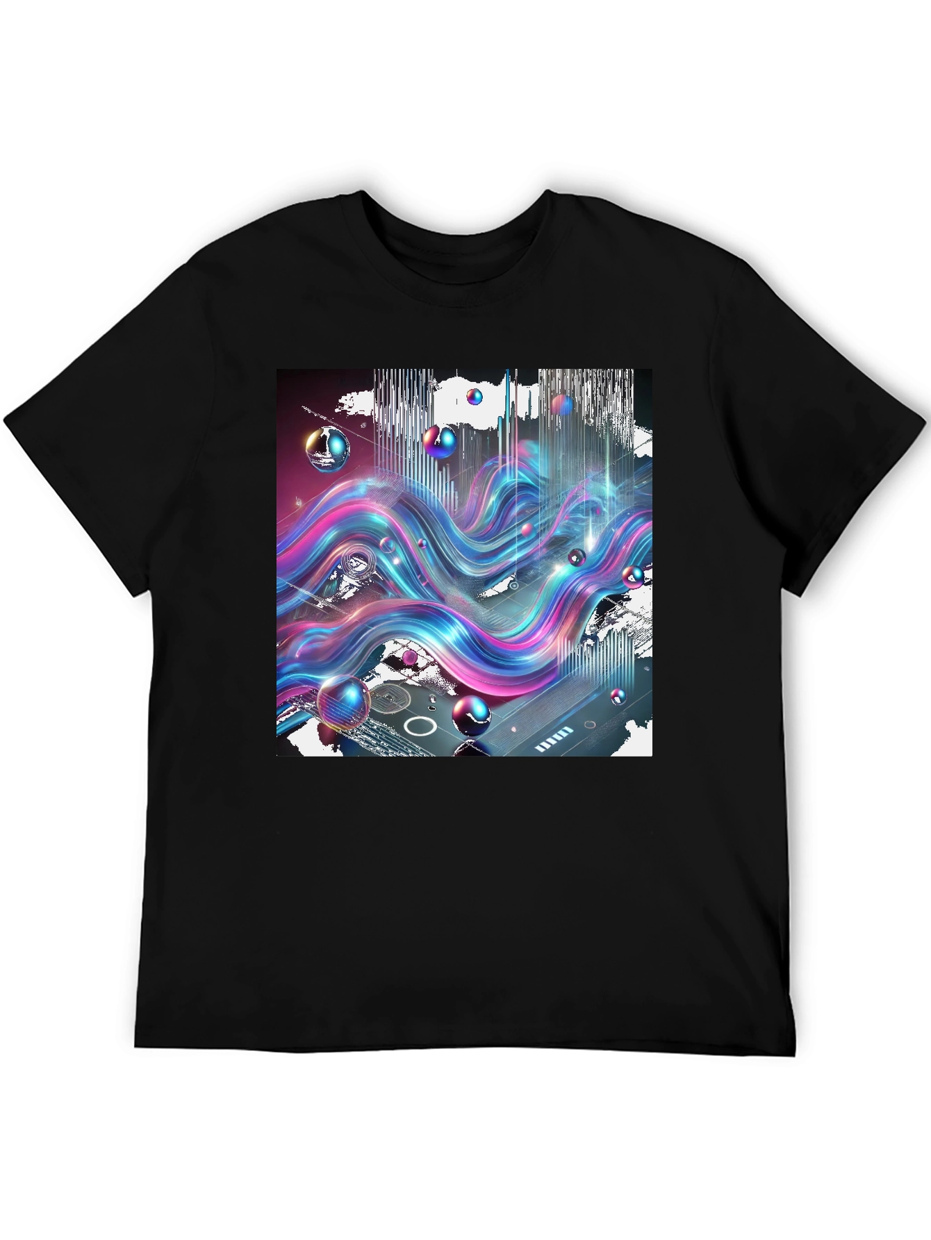 Black Vibrant Wave T-Shirt: Abstract Art Print view 5