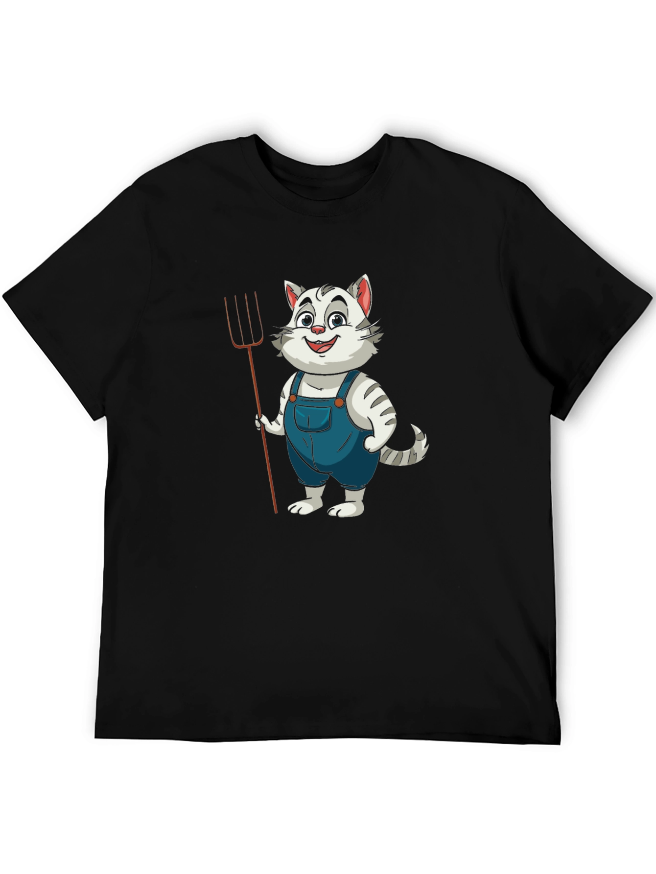 Black Cartoon Cat Farmer Black T-Shirt view 5