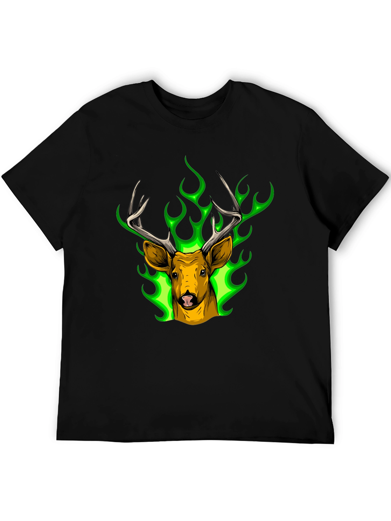 Black Deer Head Graphic Tee - Green Flame Stag Design view 5
