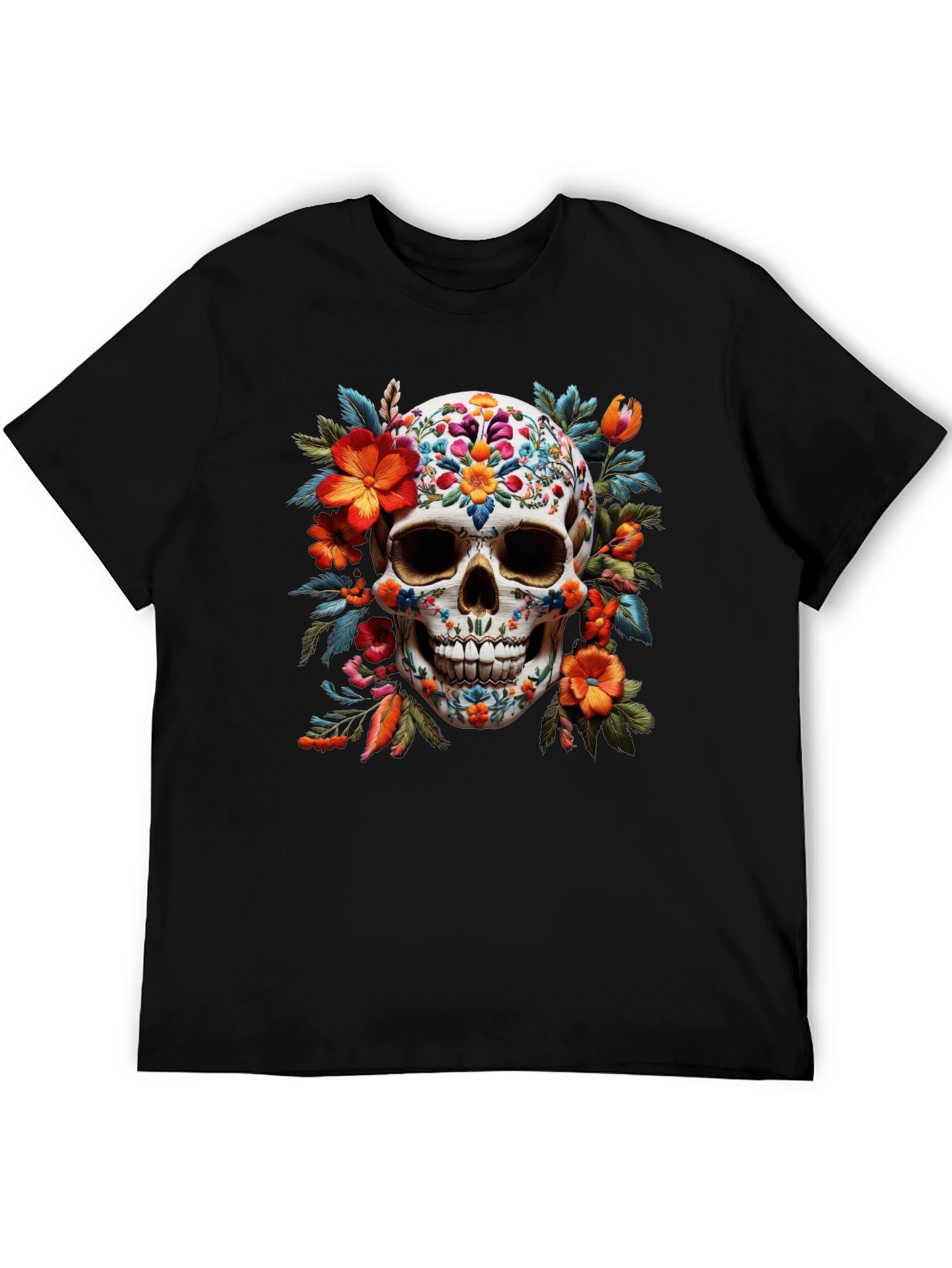 Black Floral Skull Graphic Tee - Day of the Dead view 5