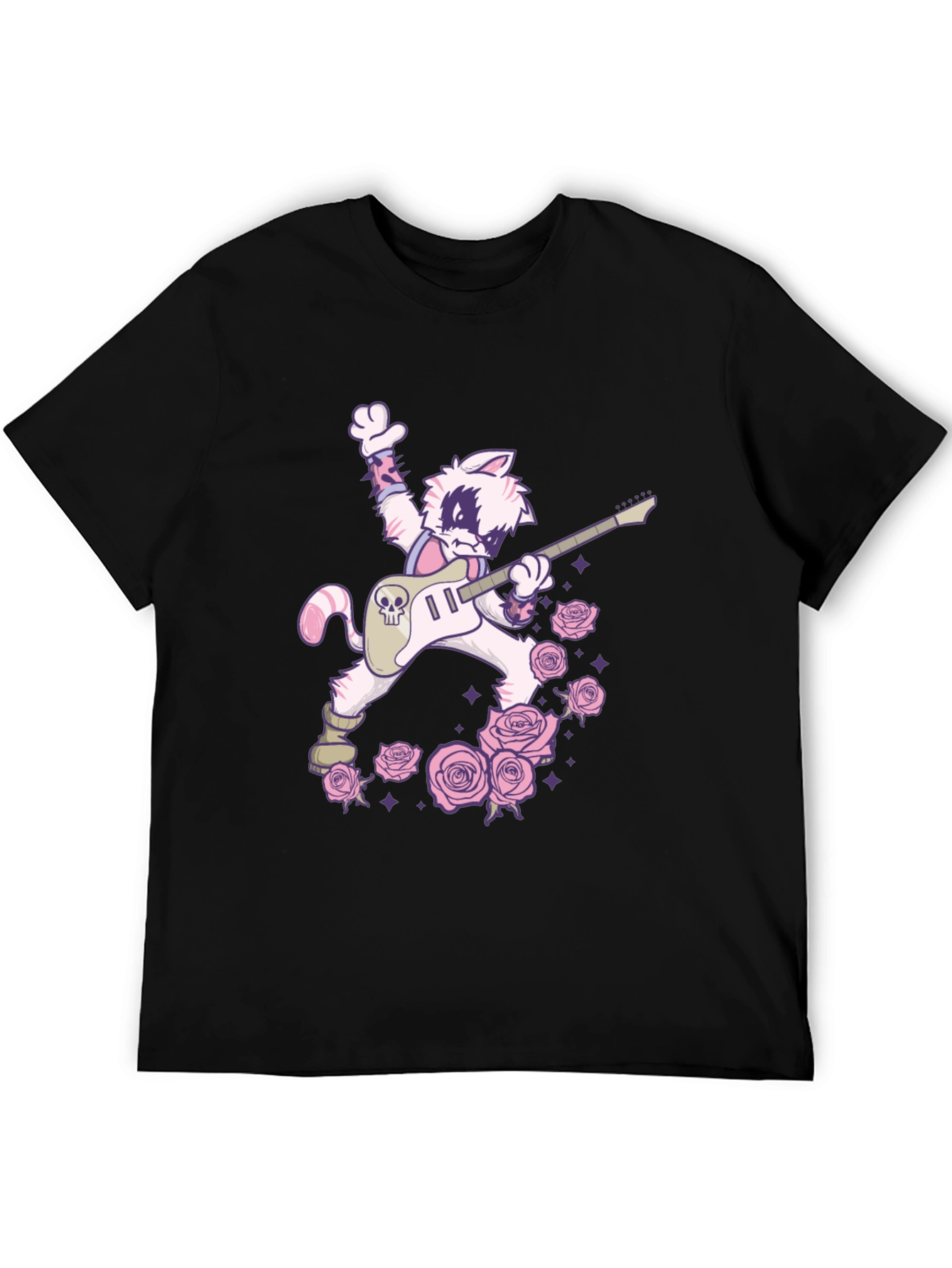 Black Rockstar Cat T-Shirt - Skull Guitar & Roses Graphic Tee view 5