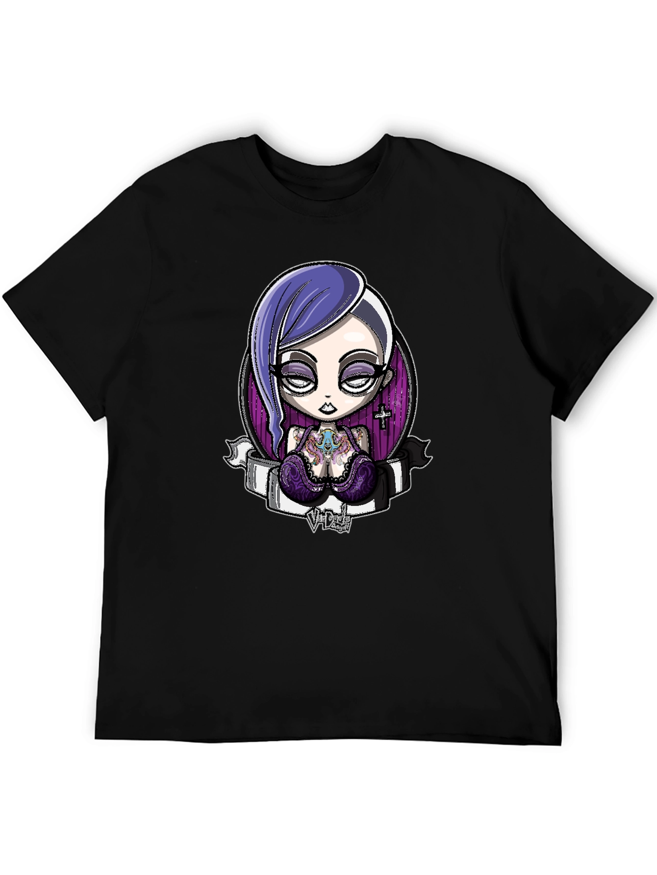 Black Gothic Cartoon Girl Graphic Black T-Shirt view 5