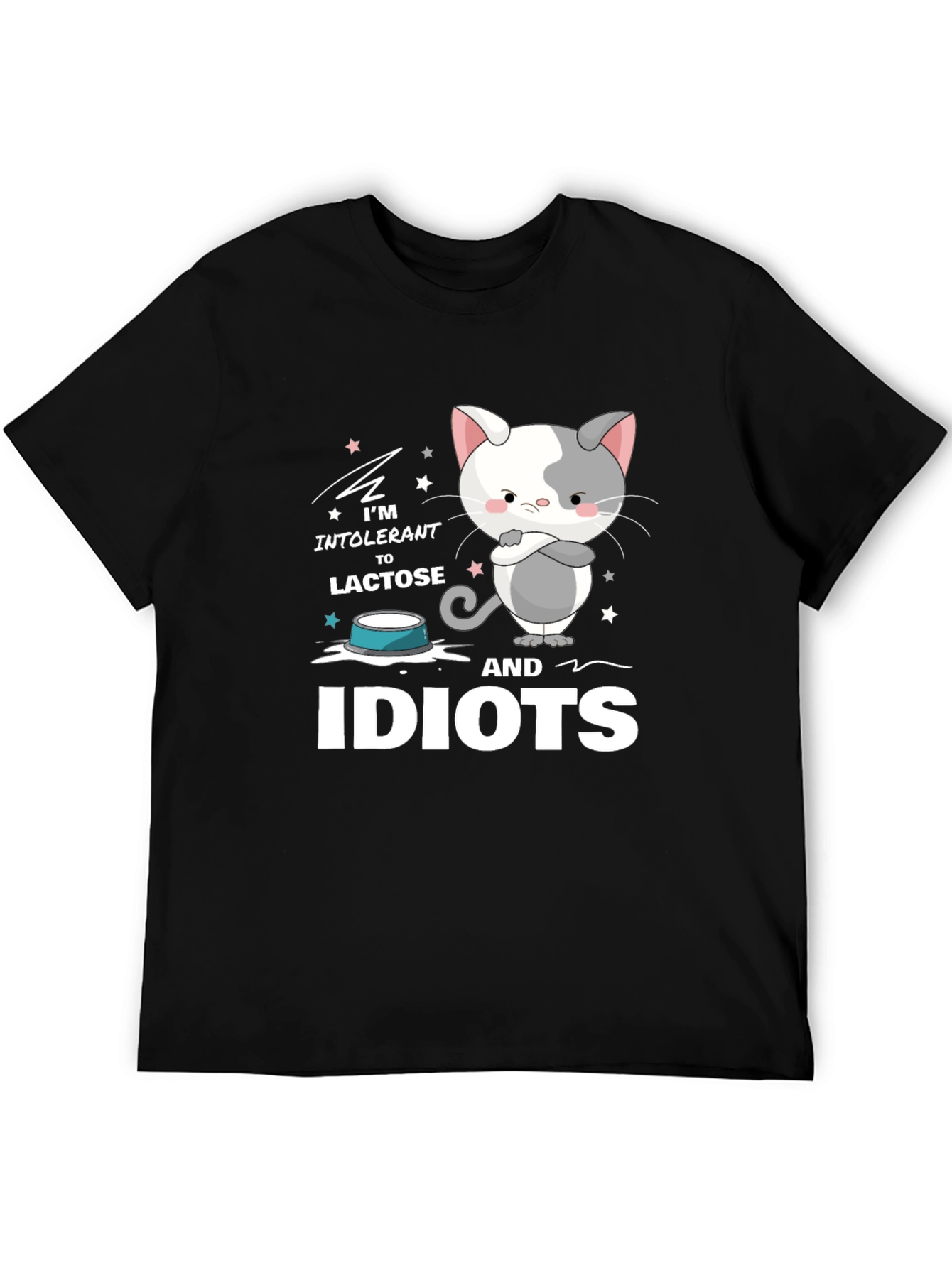 Black Intolerant to Lactose and Idiots Funny Cat T-Shirt view 5