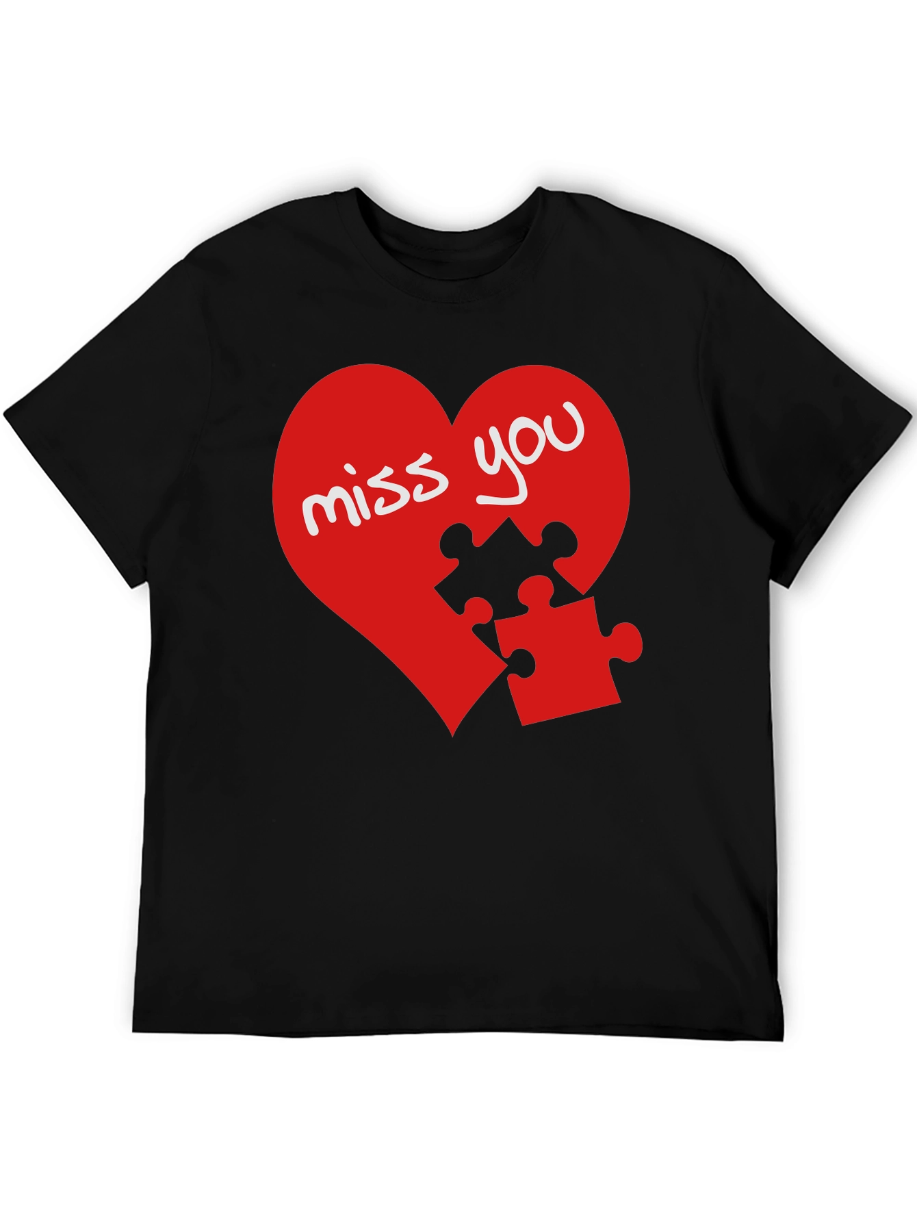 Black Miss You Heart Puzzle Piece Graphic Black T-Shirt view 5