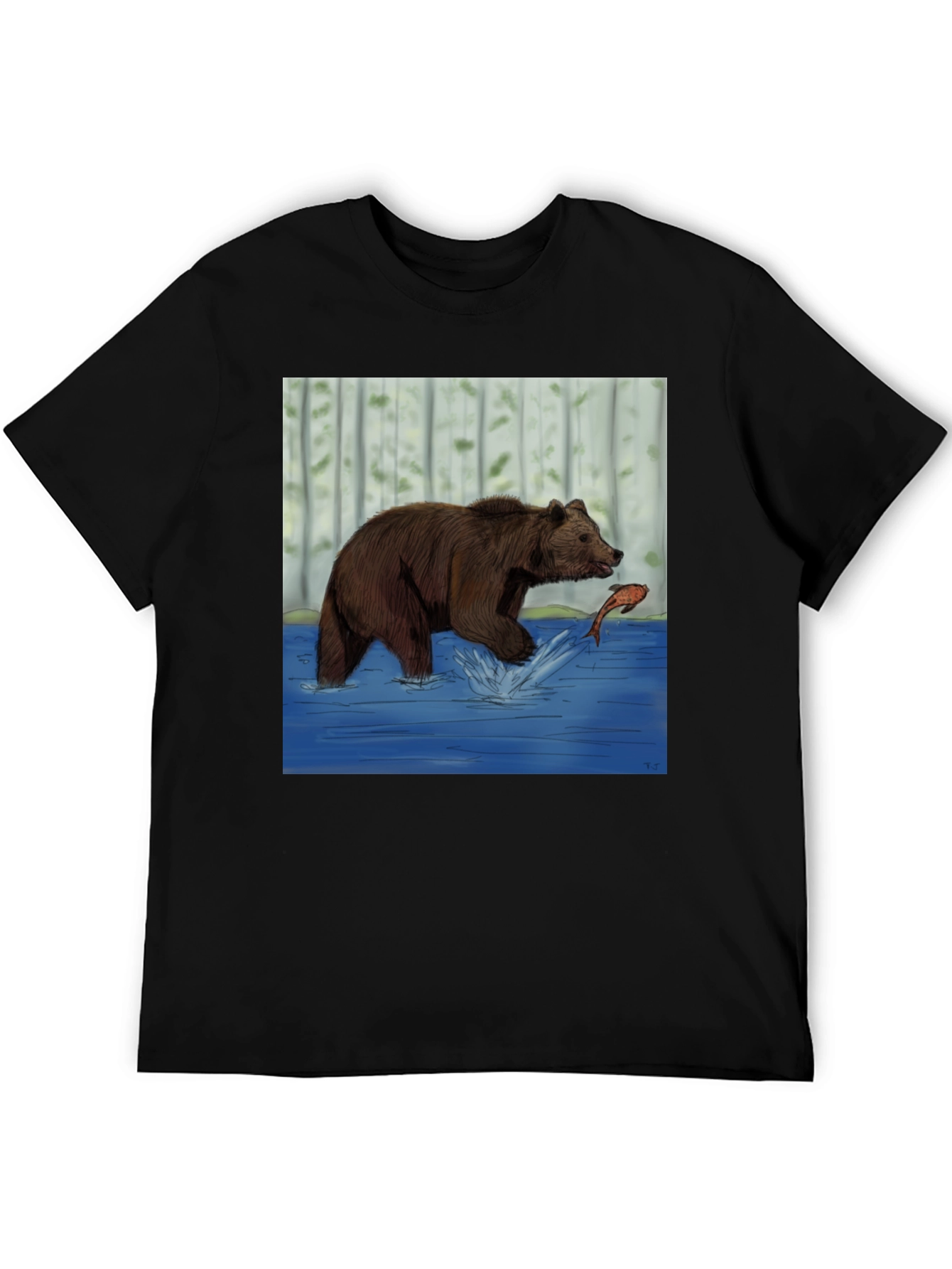 Black Bear and Fish Graphic Tee - Black Cotton Blend view 5