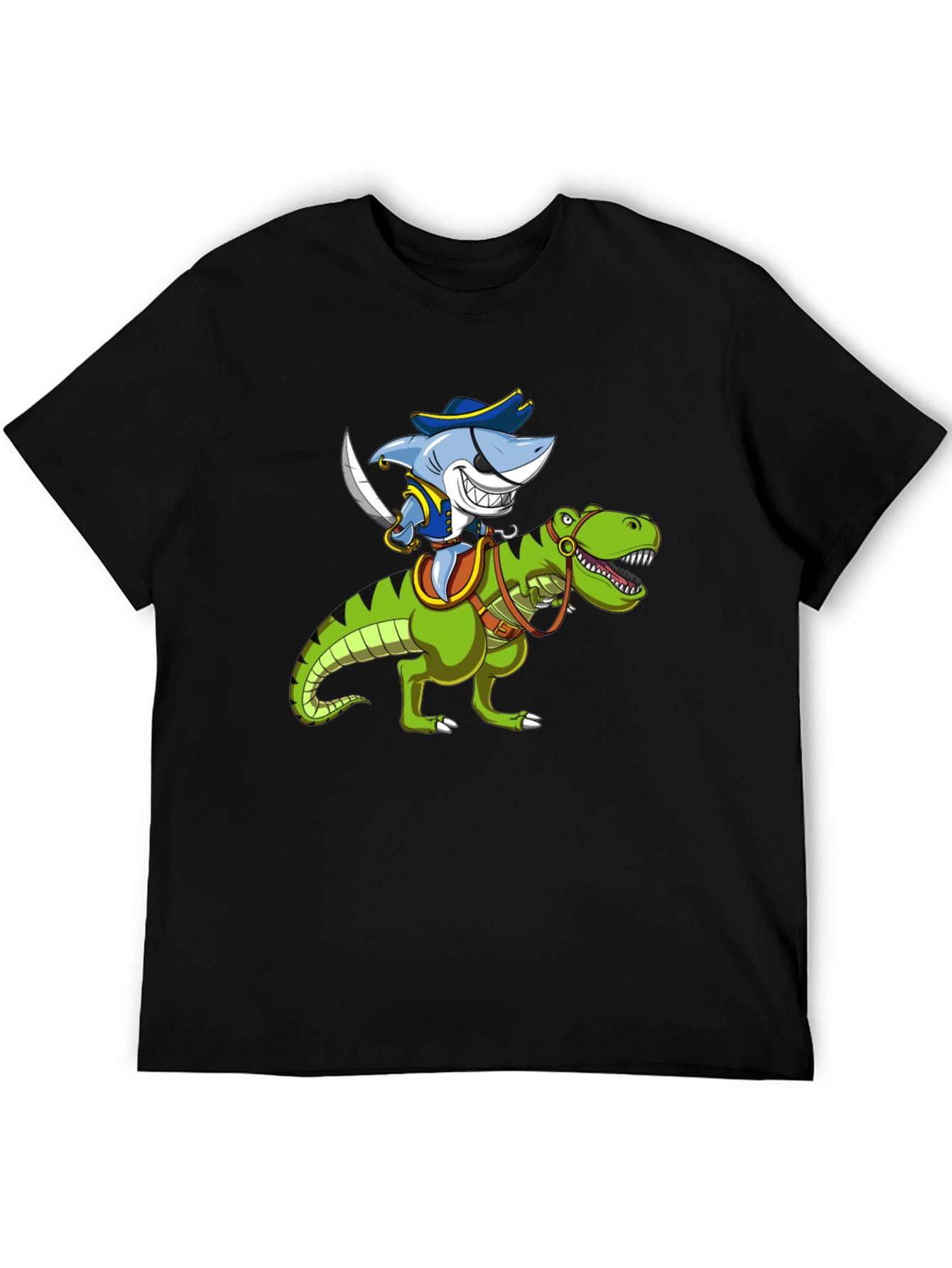 Black Shark Pirate Riding Dinosaur Graphic T-Shirt view 5