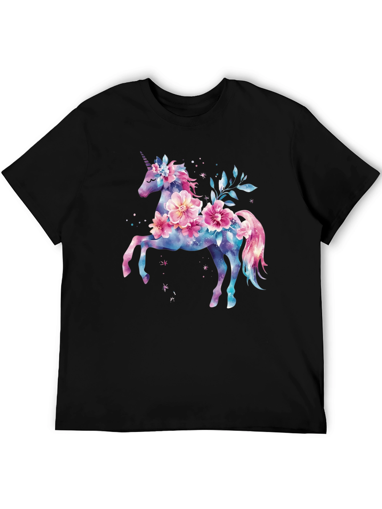 Floral Unicorn Graphic Tee - Black Cotton Blend Shirt - 5