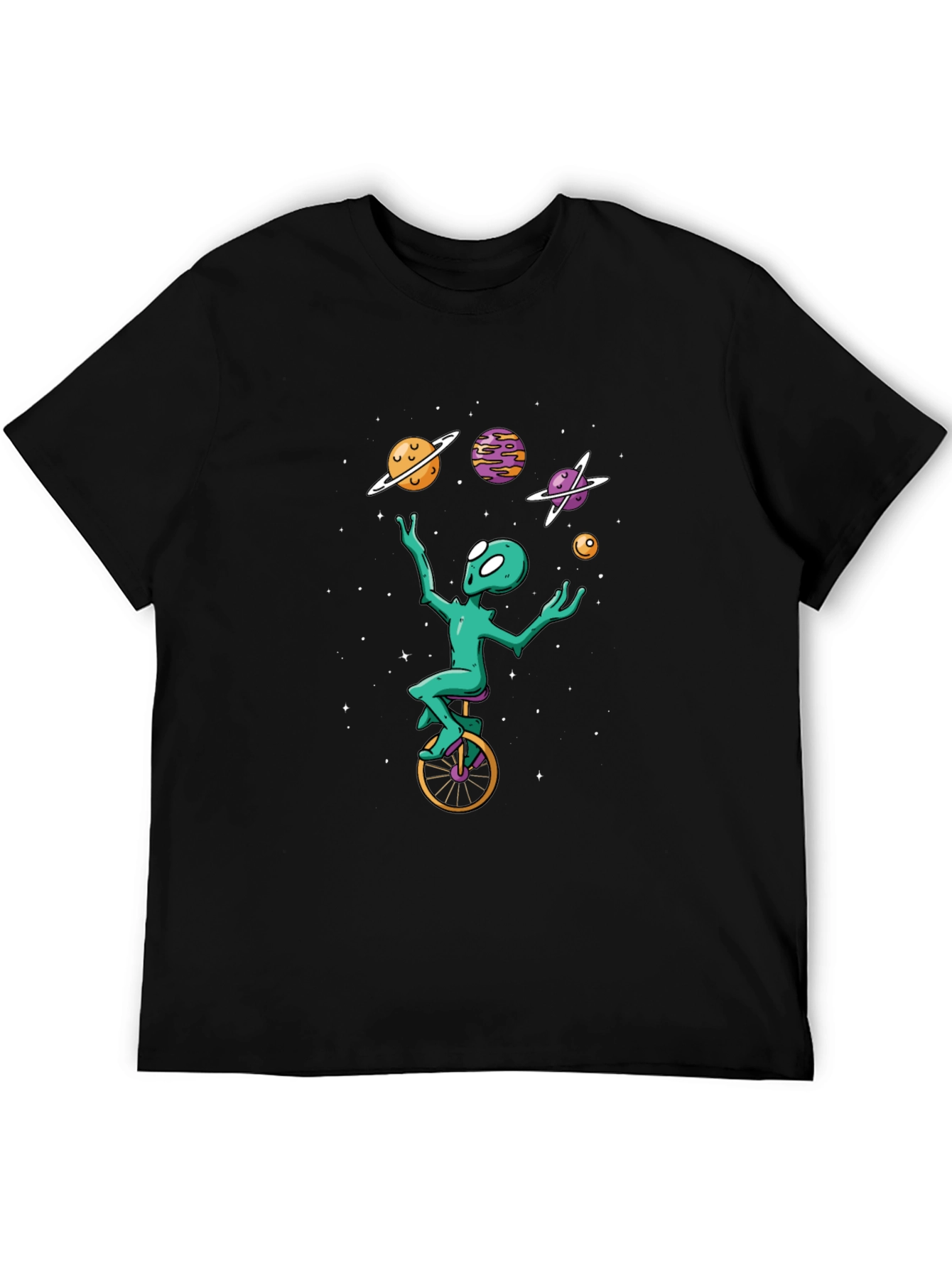 Black Alien Unicycle T-Shirt - Space Juggling Tee view 5