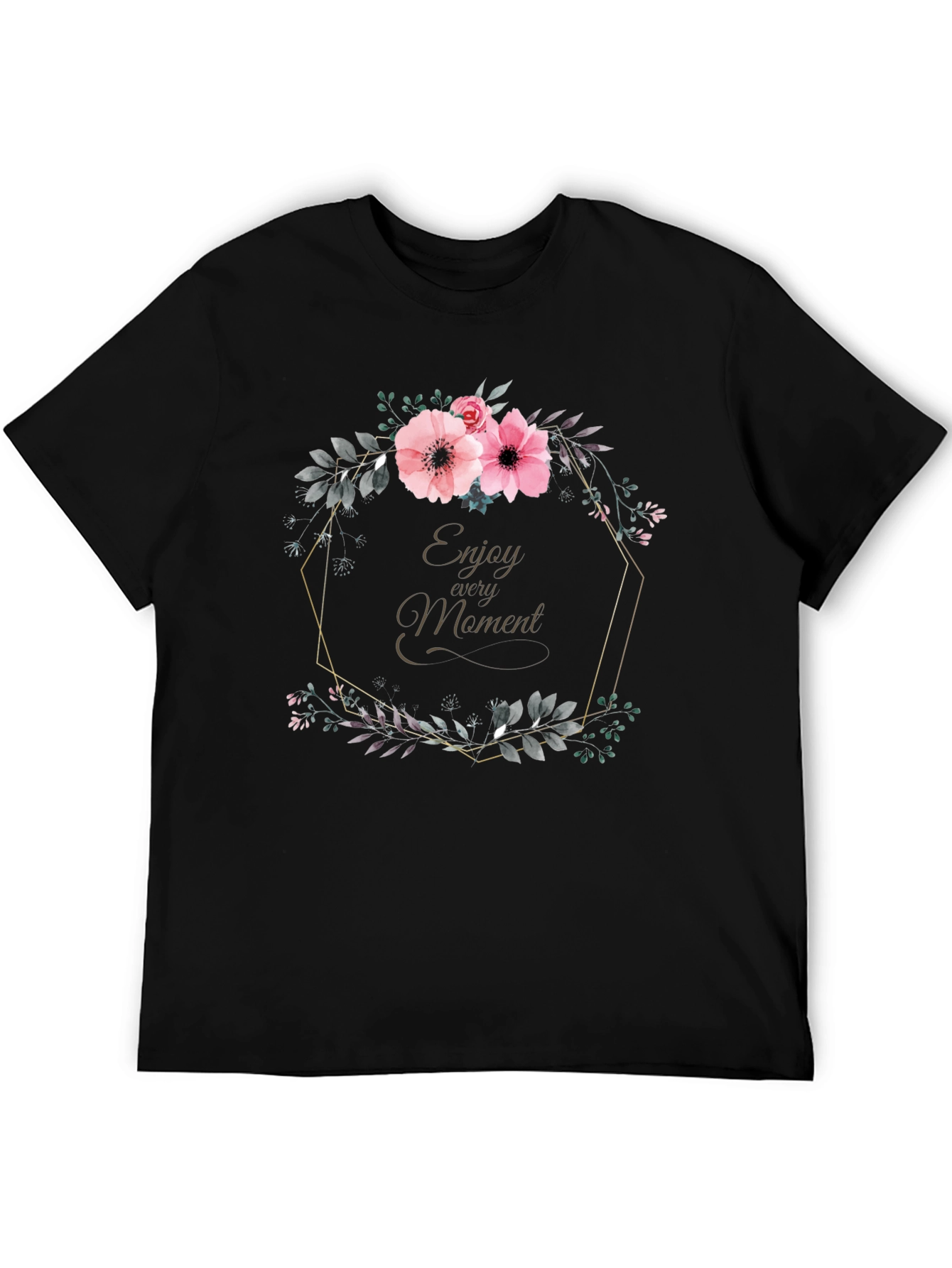 Black Floral Wreath Enjoy Every Moment Black T-Shirt view 5