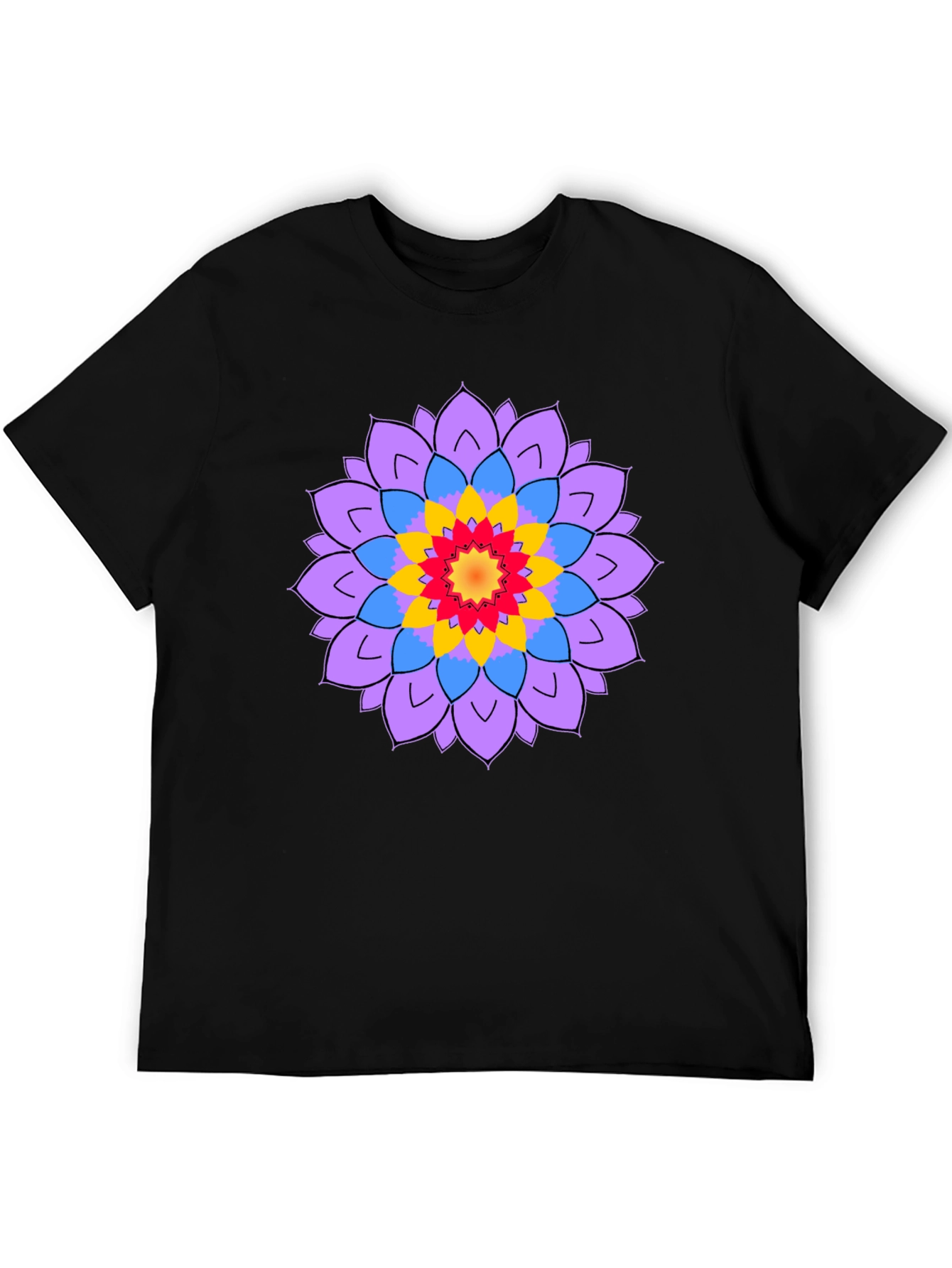 Black Men's Black T-Shirt with Mandala Flower Design view 5