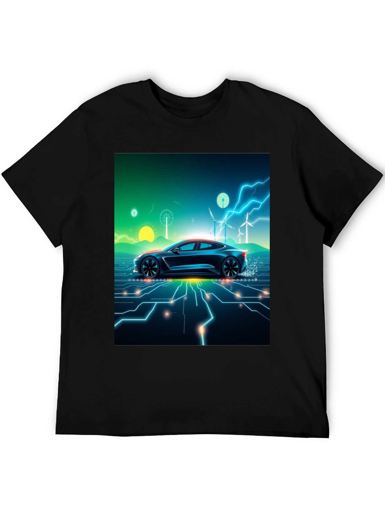 Black Electric Car T-Shirt - Futuristic Style view 5