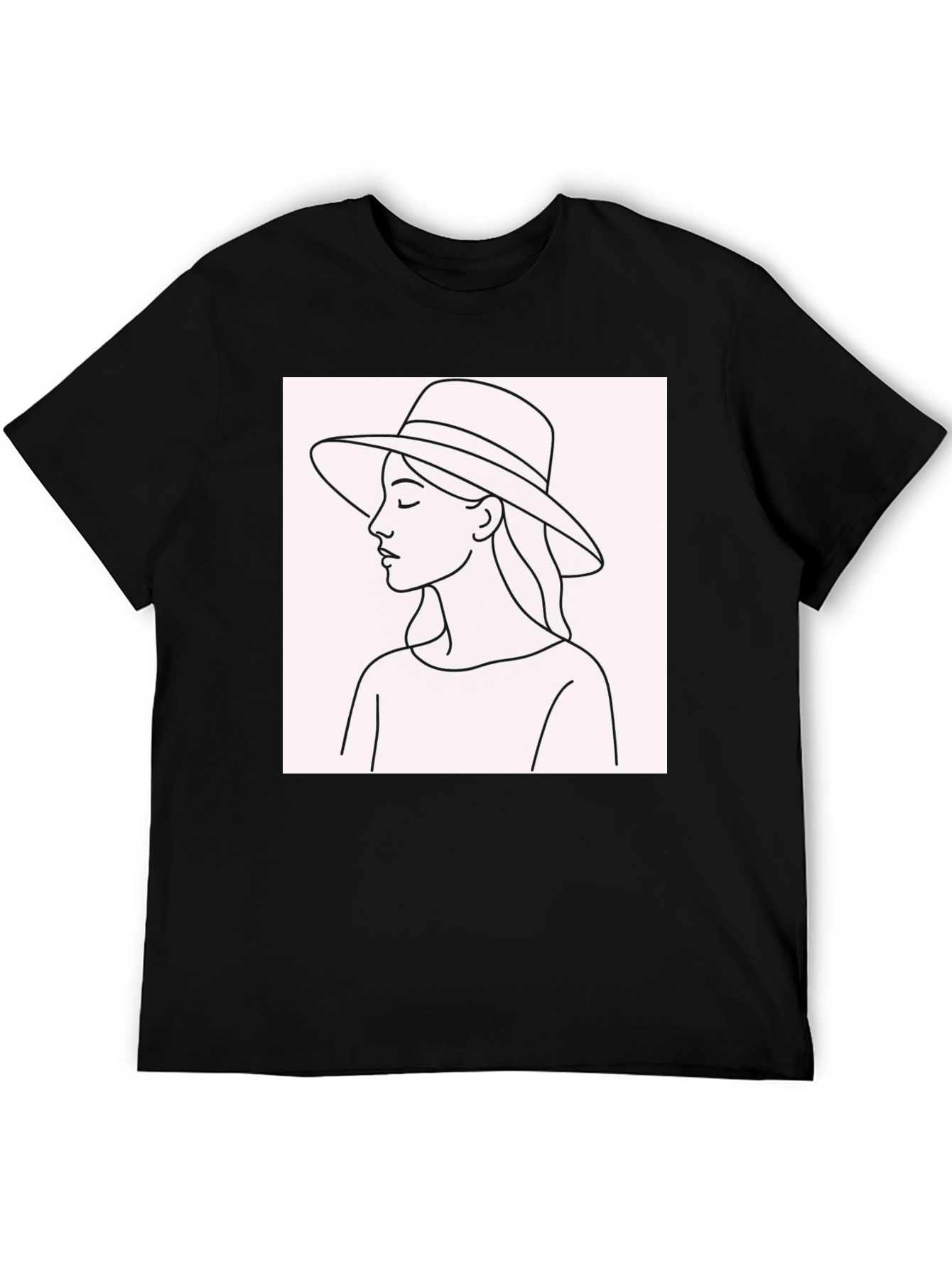 Black Minimalist Woman in Hat T-Shirt - Stylish Black Tee view 5