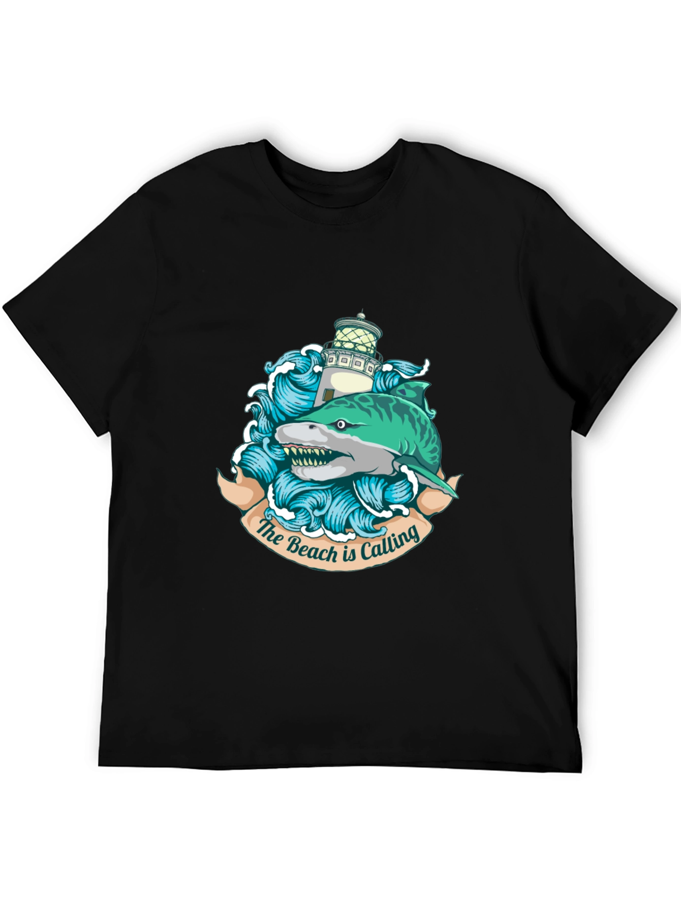 Black Beach Calling T-Shirt with Shark and Lighthouse view 5
