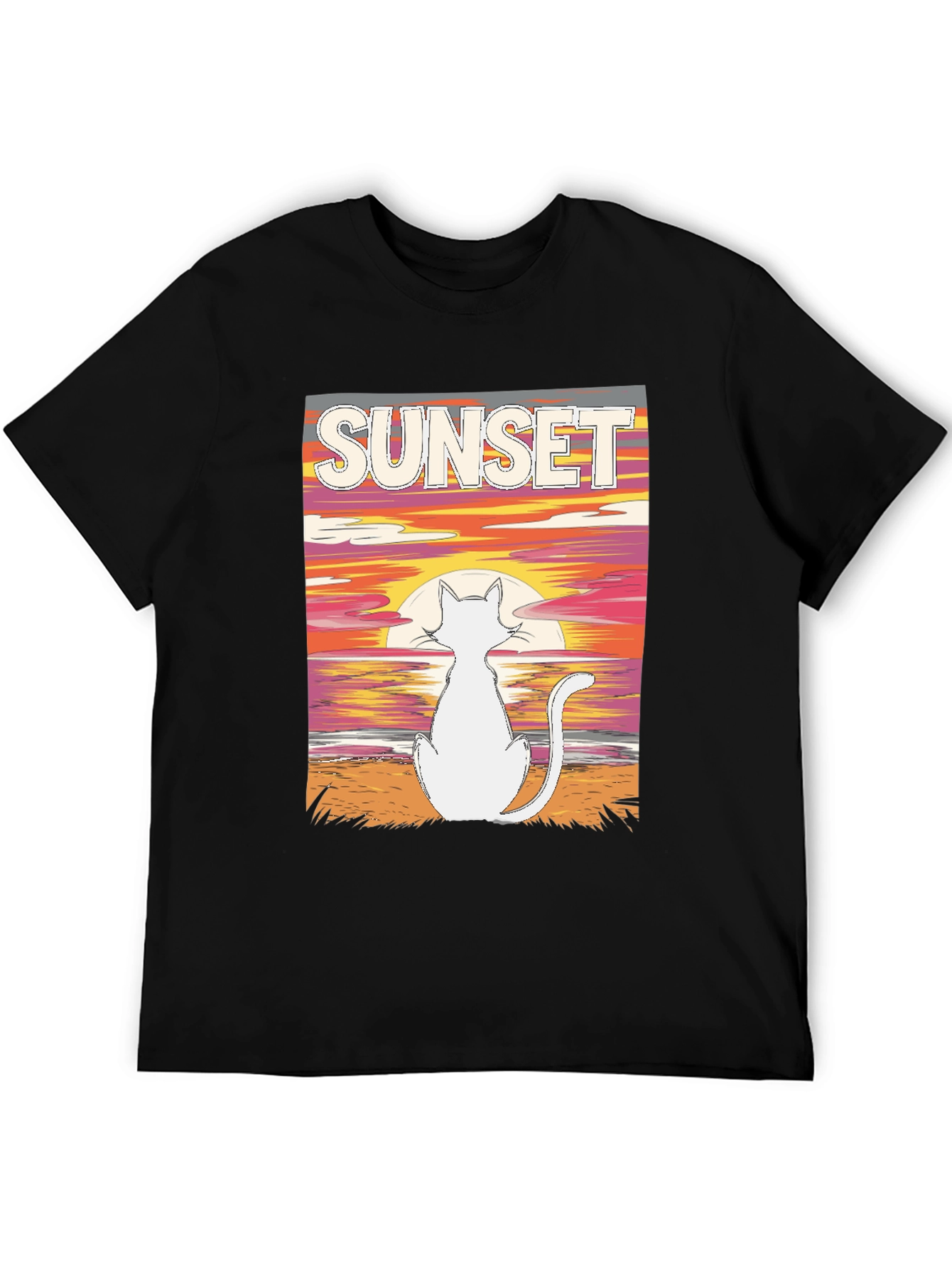 Black Sunset Cat Graphic Tee - Black Cotton T-Shirt view 5