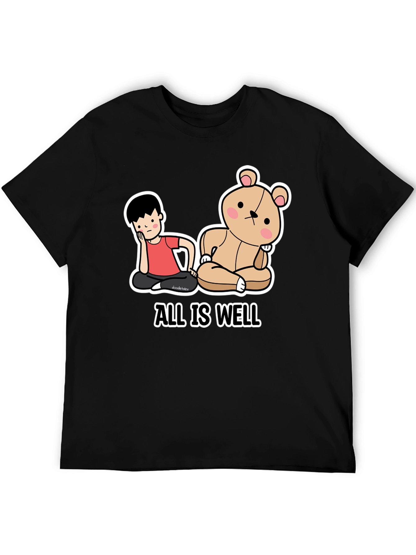 Black All Is Well T-Shirt: Cartoon Boy & Bear Meditating Graphic Tee view 5
