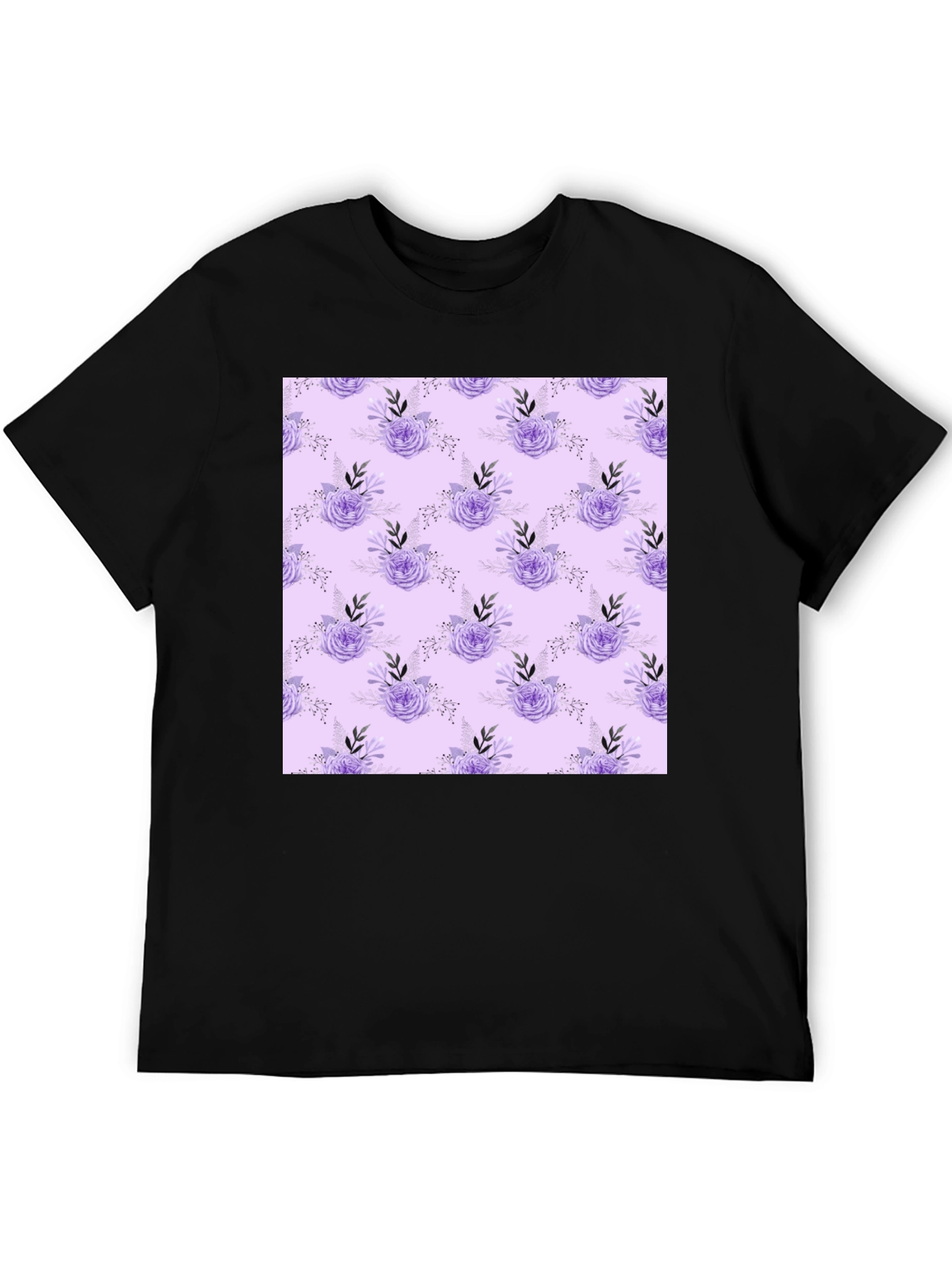 Black Floral Lavender Pattern Black T-Shirt view 5