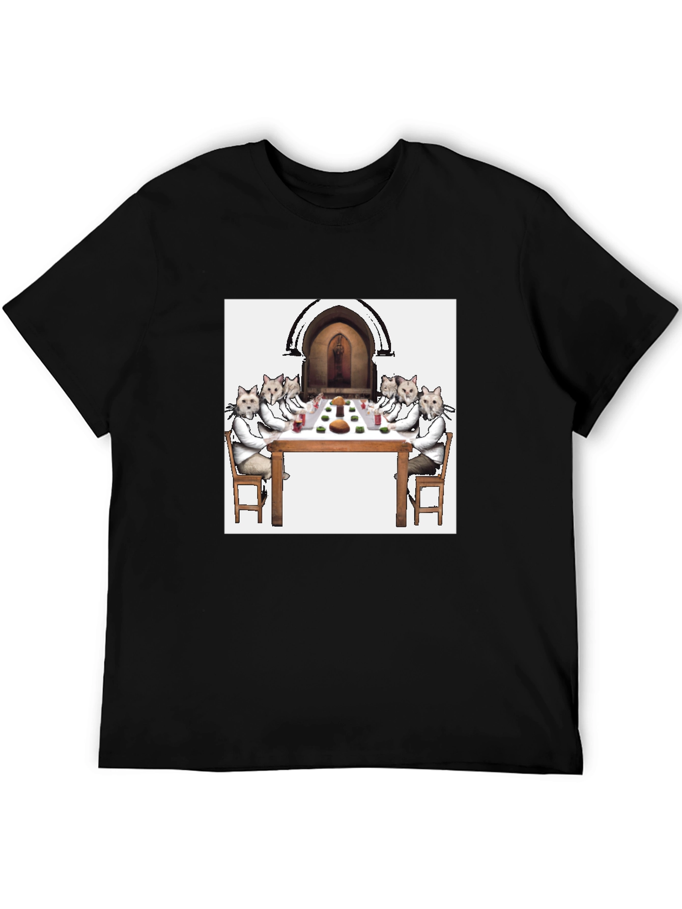 Black Cat Supper Black T-Shirt - Unique Feline Dinner Party Design view 5