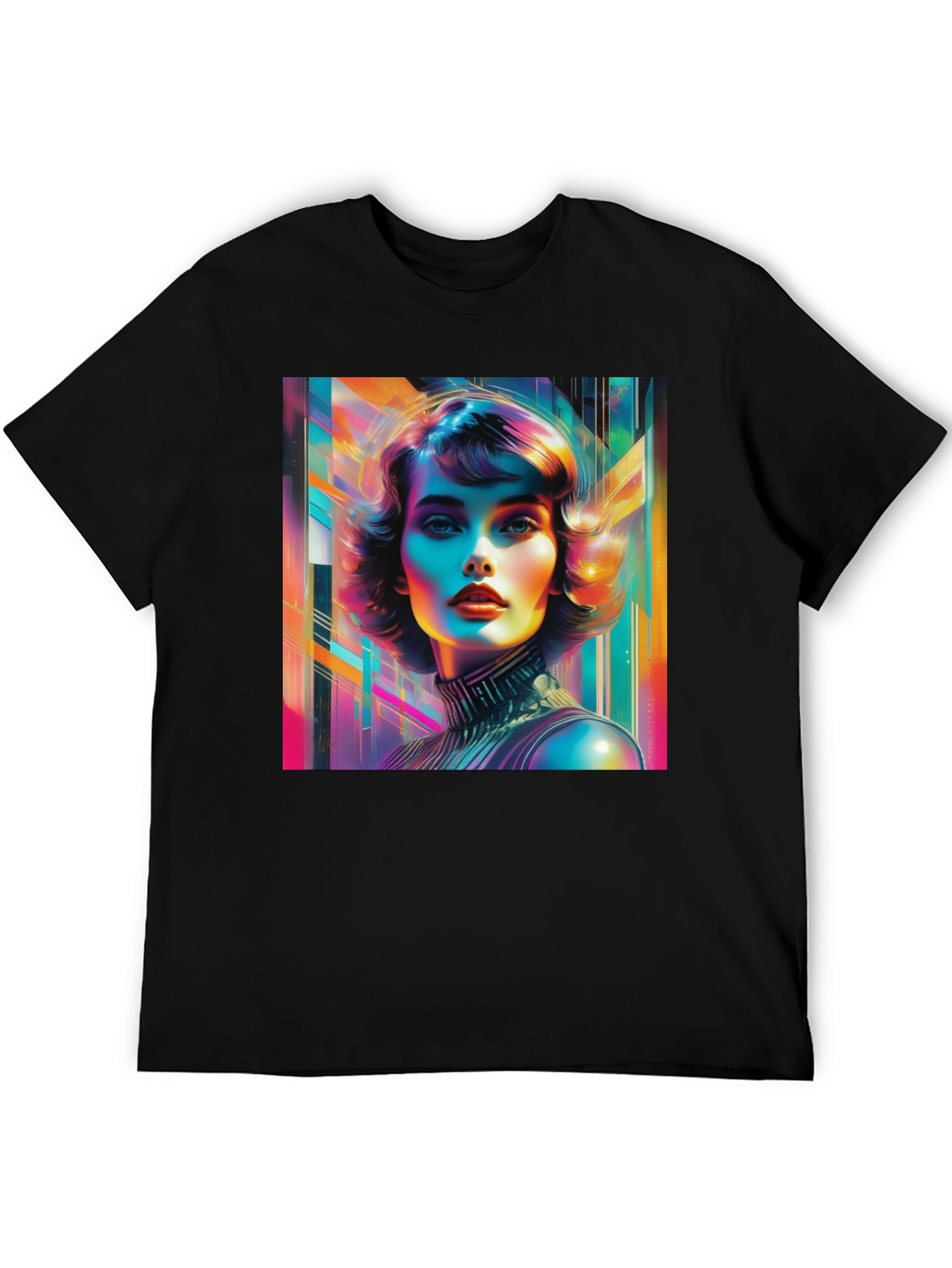 Black Vivid Retro Woman Graphic Tee - Modern Art Style view 5