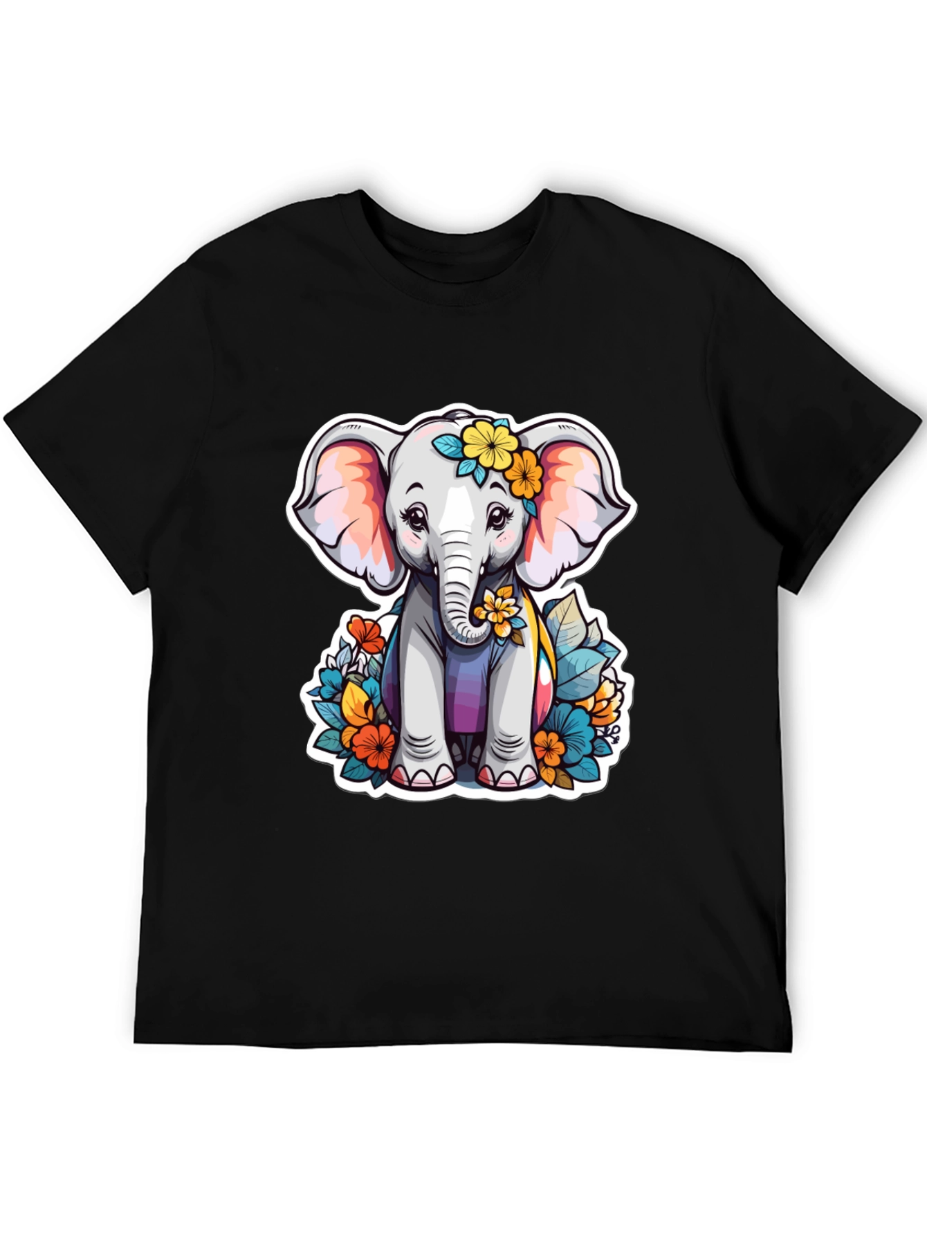 Black Cute Elephant Floral T-Shirt - Unisex Black Tee view 5