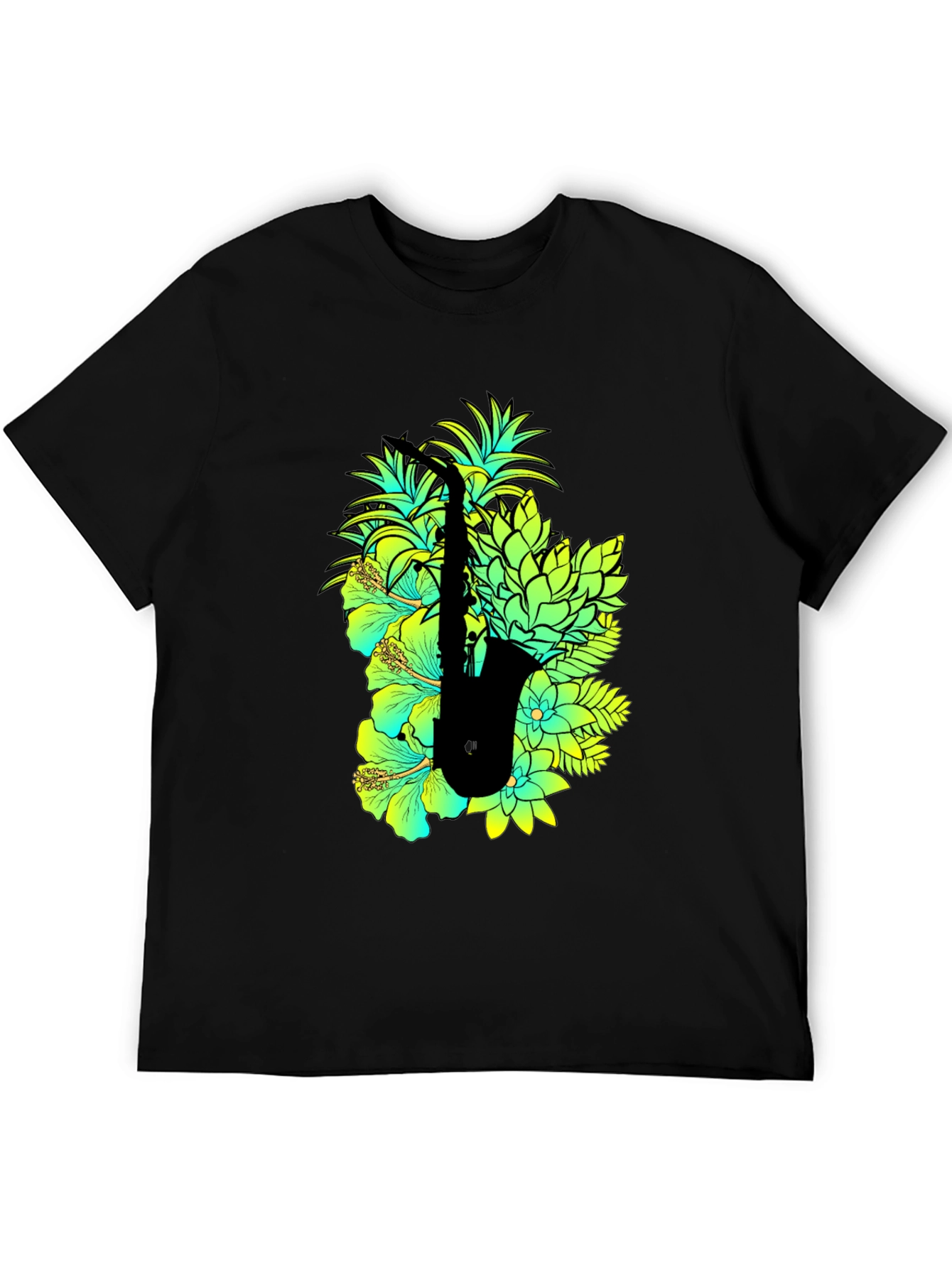 Black Tropical Saxophone Graphic Black T-Shirt view 5